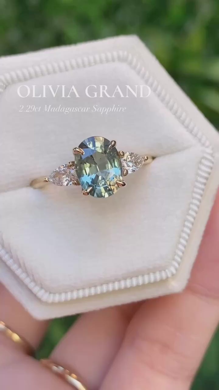 Olivia Grand Ring, 2.29ct Light Blue Green Madagascar Sapphire