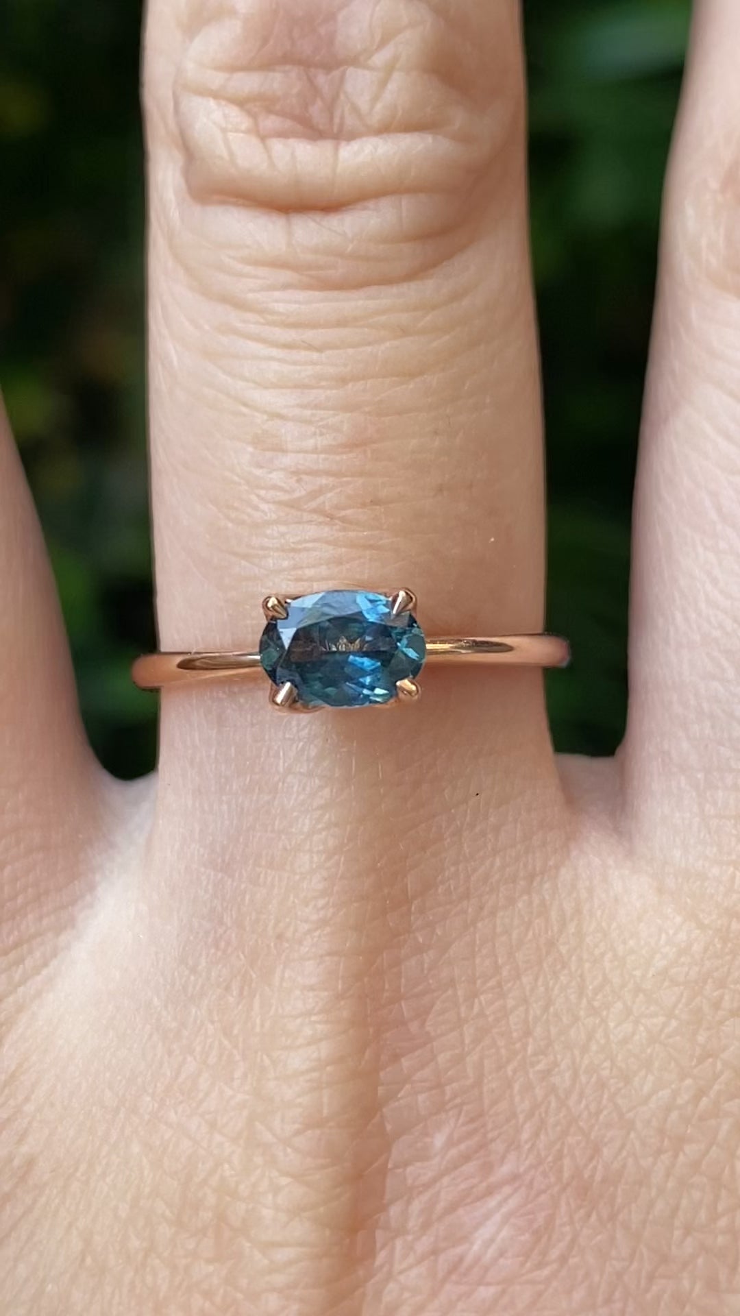 Sara Ring 0.86ct Blue Green East West Oval Montana Sapphire, 14k