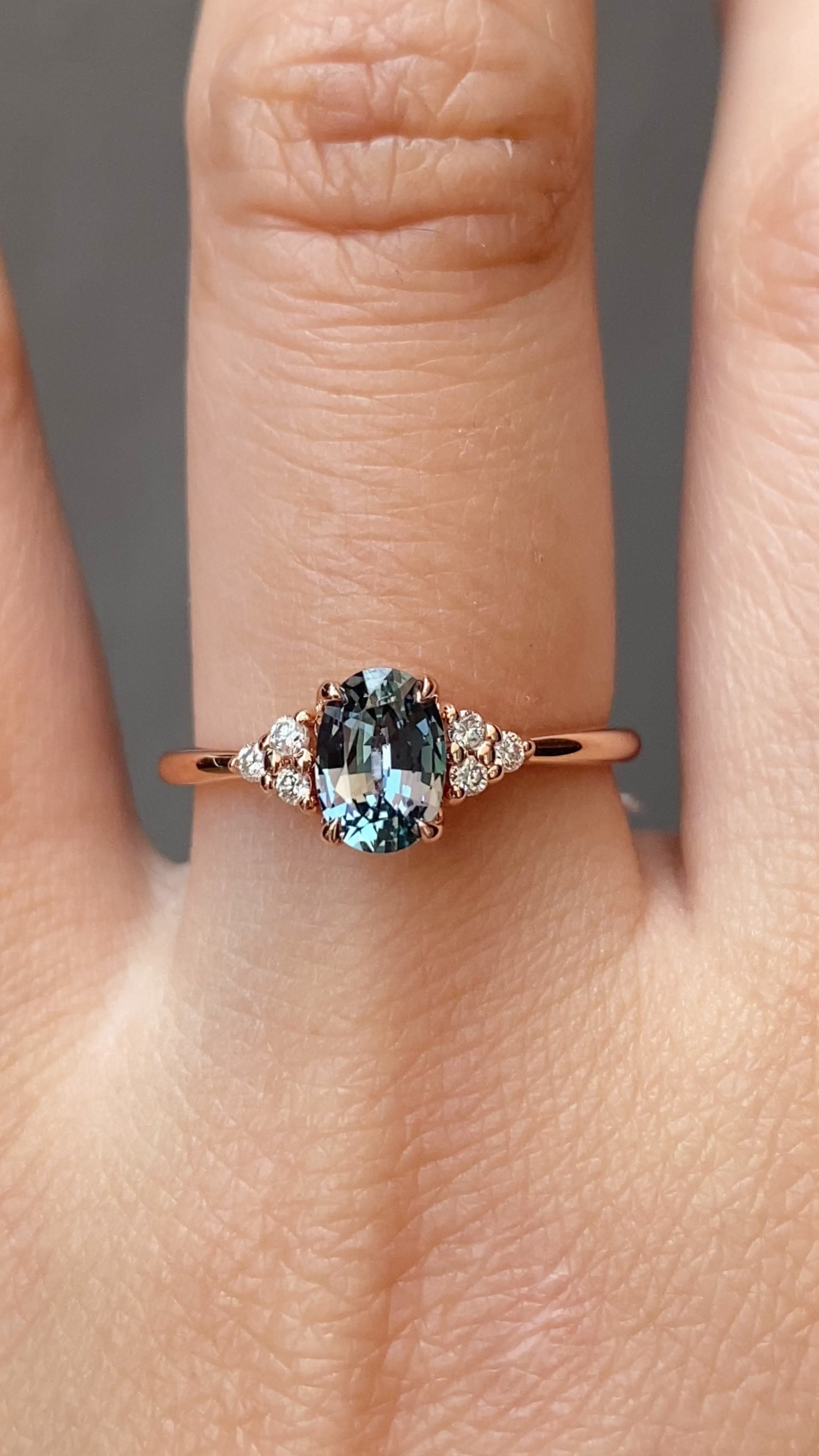 Teresa Ring 0.86ct Blue Green Madagascar Sapphire, 14K Rose Gold (One of a kind)
