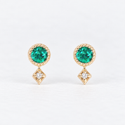 14K yellow gold stud earrings with round green gemstones and natural diamond accents