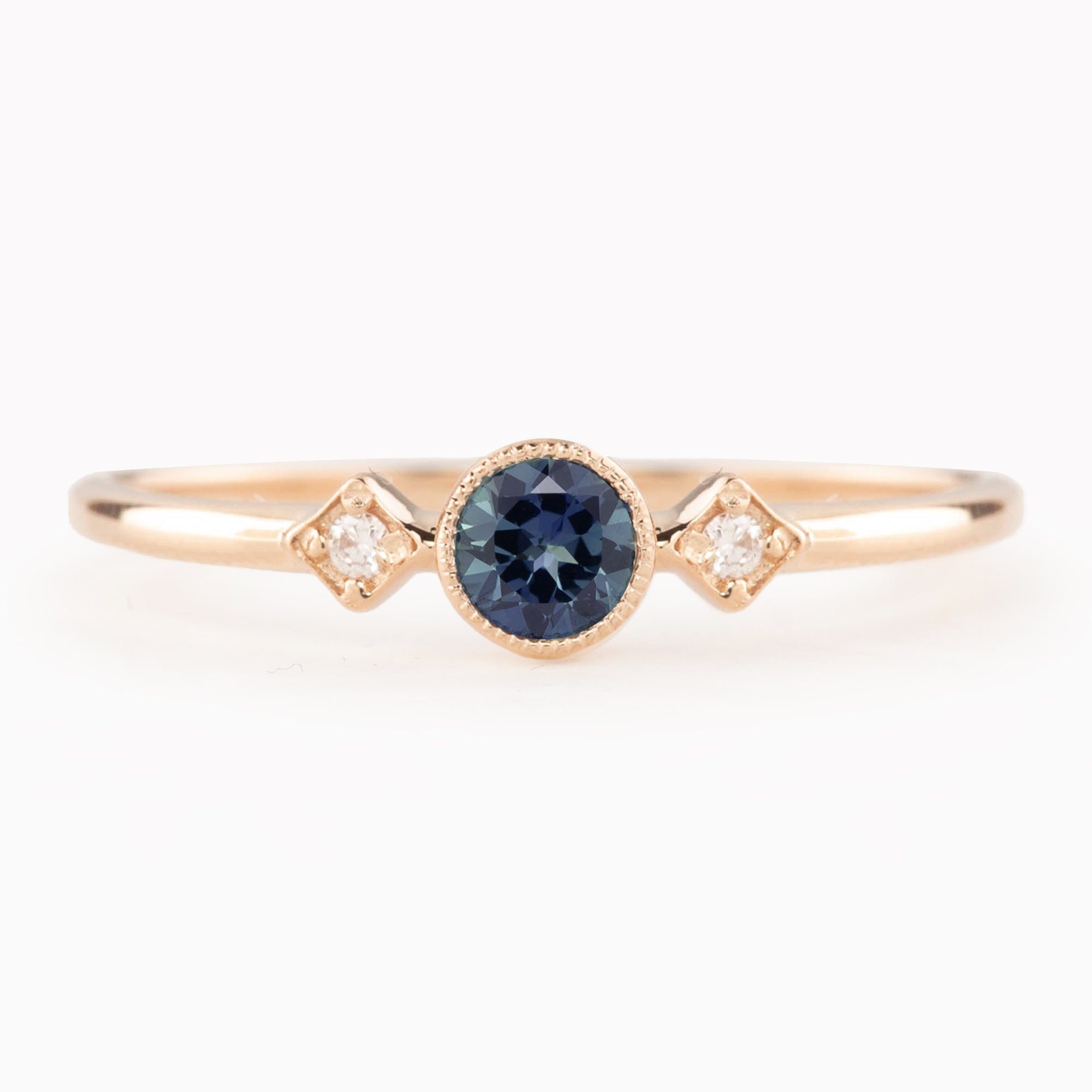 Moon& Star Ring - 4mm 0.30ct Teal Blue Queensland Sapphire, 14k Rose Gold