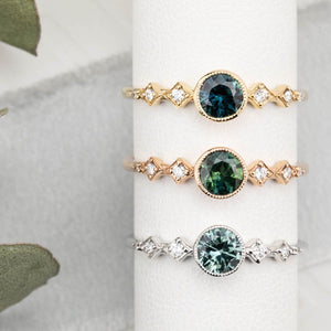 3 0.50ct Queensland Sapphire Ring in 14k yellow gold, rose gold and white gold. DIfferent shades of blue green sapphires.