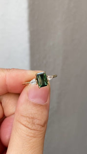 Olivia Ring 1.25ct Deep Green Emerald Cut Unheated Australian Sapphire, 14K Yellow Gold (One of a kind)