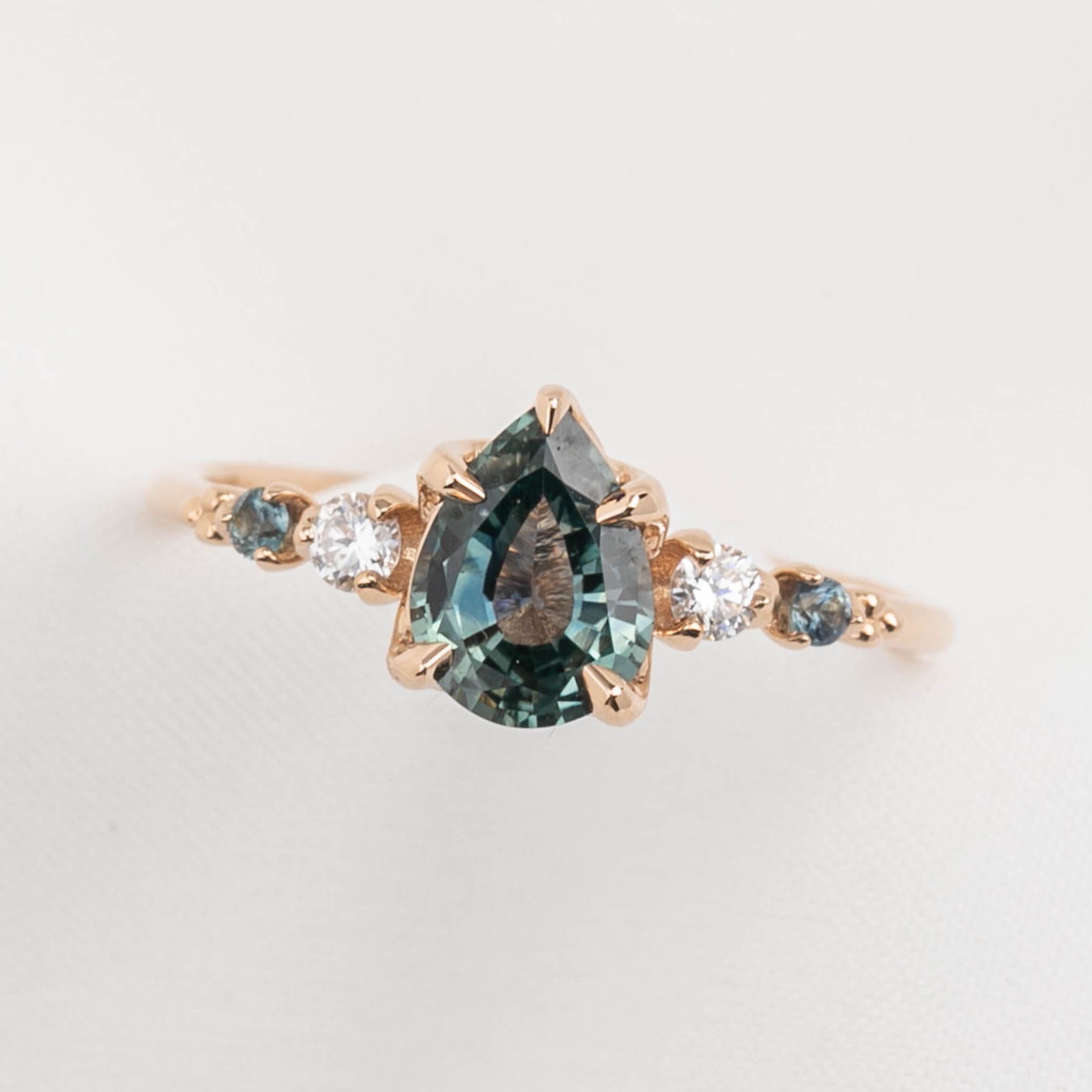 Estel Fleur Ring, 1.13ct Light Blue Green Pear Montana Sapphire, 14K Rose Gold (One of a kind)