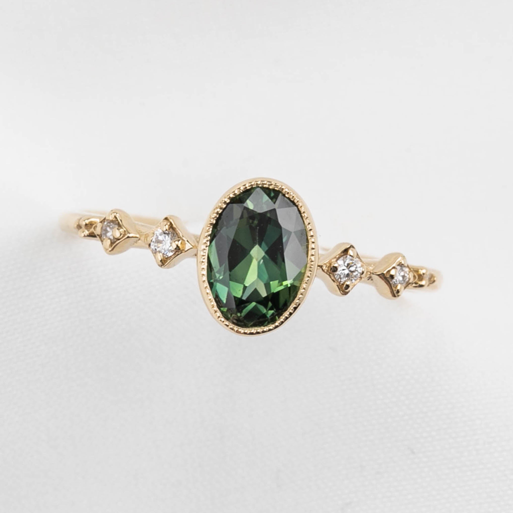 Celeste Ring 1.03ct Green Oval Queensland Sapphire, 14K Yellow Gold (One of a kind)