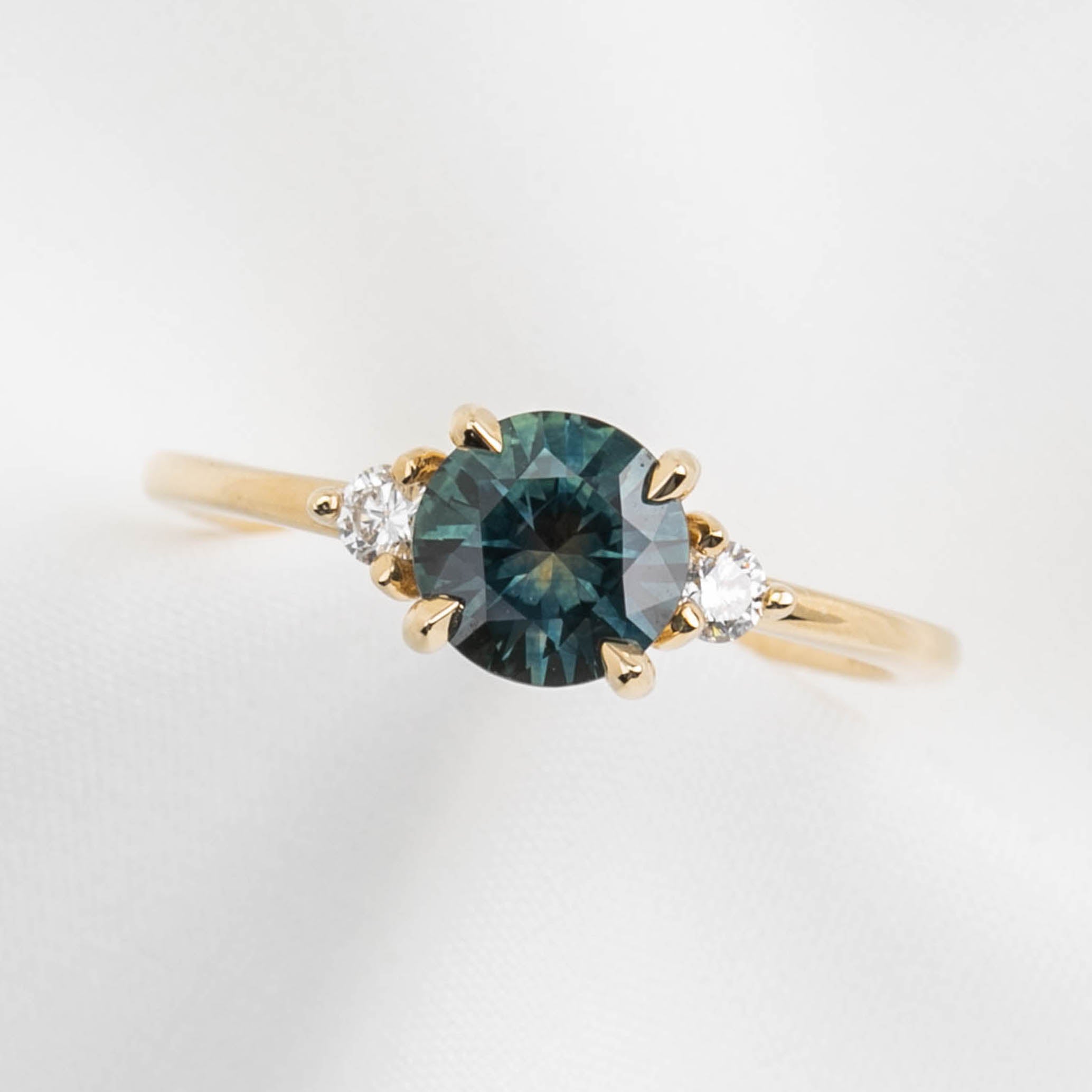 Emilie Ring 1.12ct Green Blue Round Montana Sapphire Ring, 14k Yellow Gold (One of a kind)