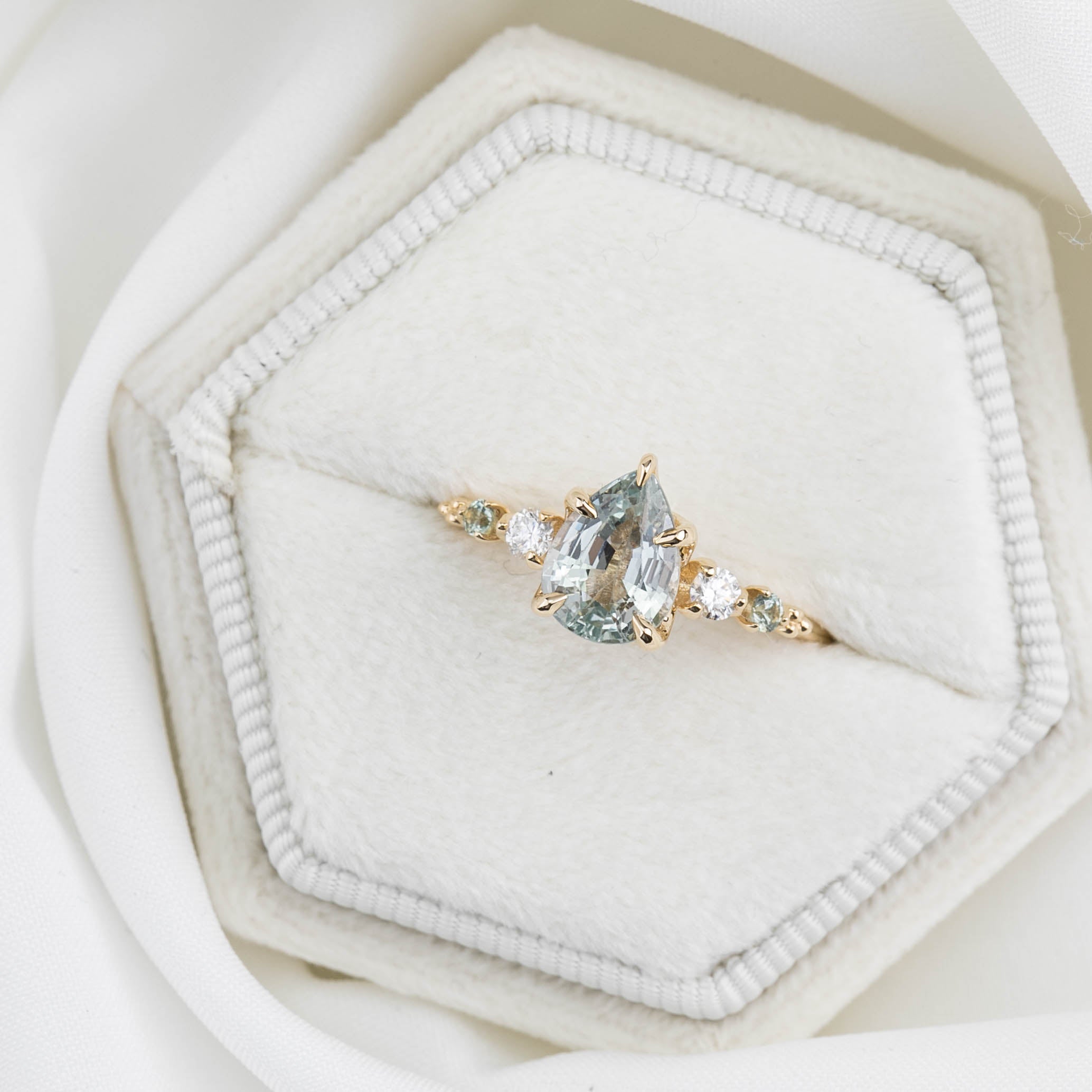 Estel Fleur Ring, 1.47ct Light Green Madagascar Sapphire, 14K Yellow Gold (One of a kind)