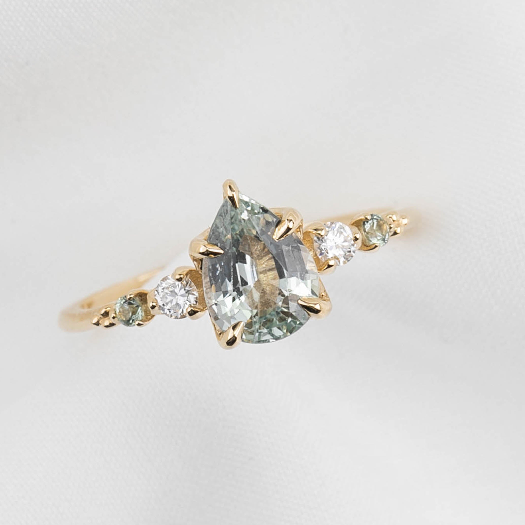 Estel Fleur Ring, 1.47ct Light Green Madagascar Sapphire, 14K Yellow Gold (One of a kind)
