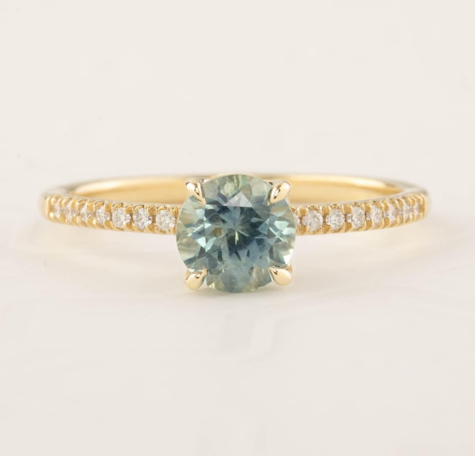 Maria Ring with 1.12ct green Montana sapphire, handmade, ethically sourced, set in recycled 14k yellow gold band with diamonds