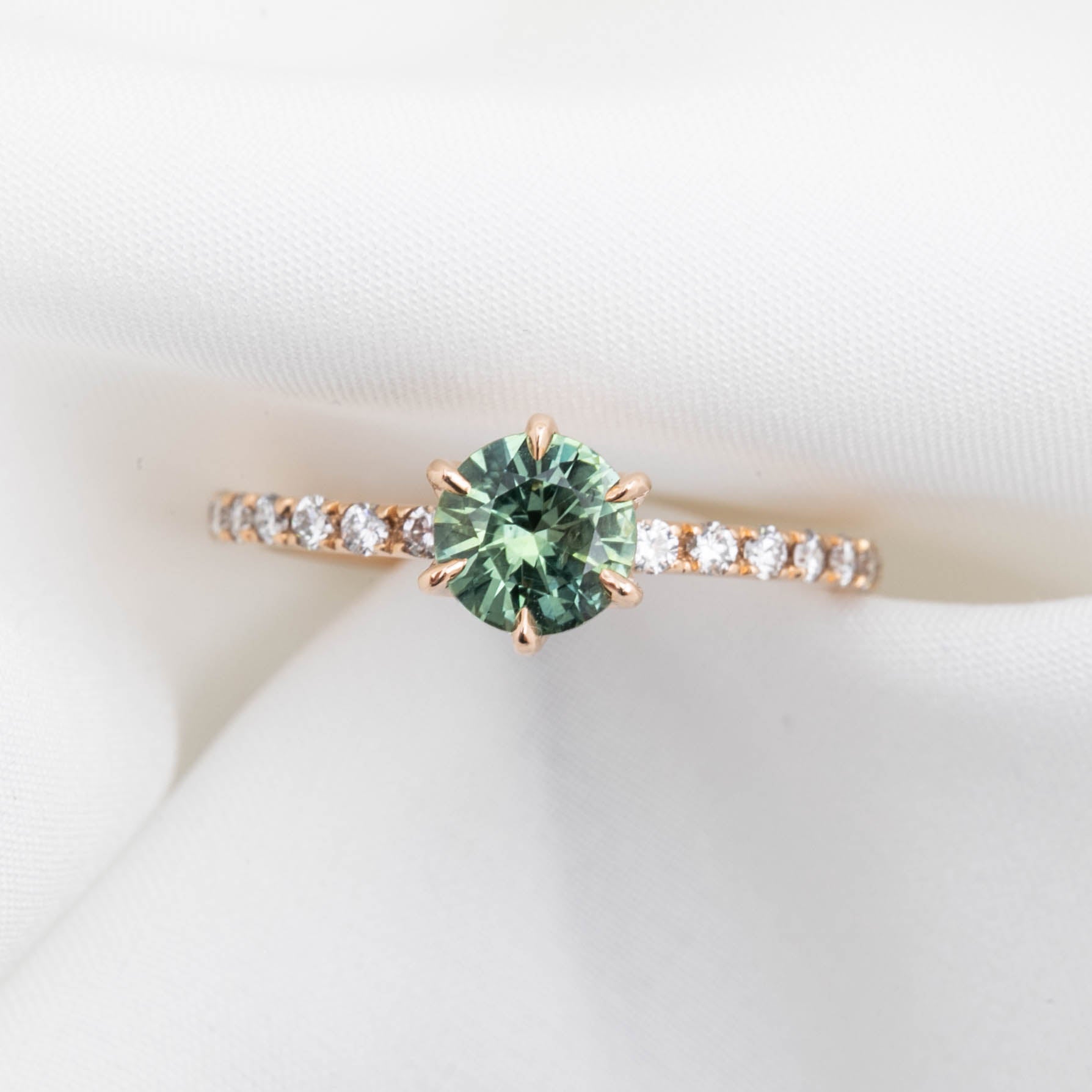 Maria Luxe Ring 0.9ct Light Green Montana Sapphire, 14K Rose Gold (One of a kind)