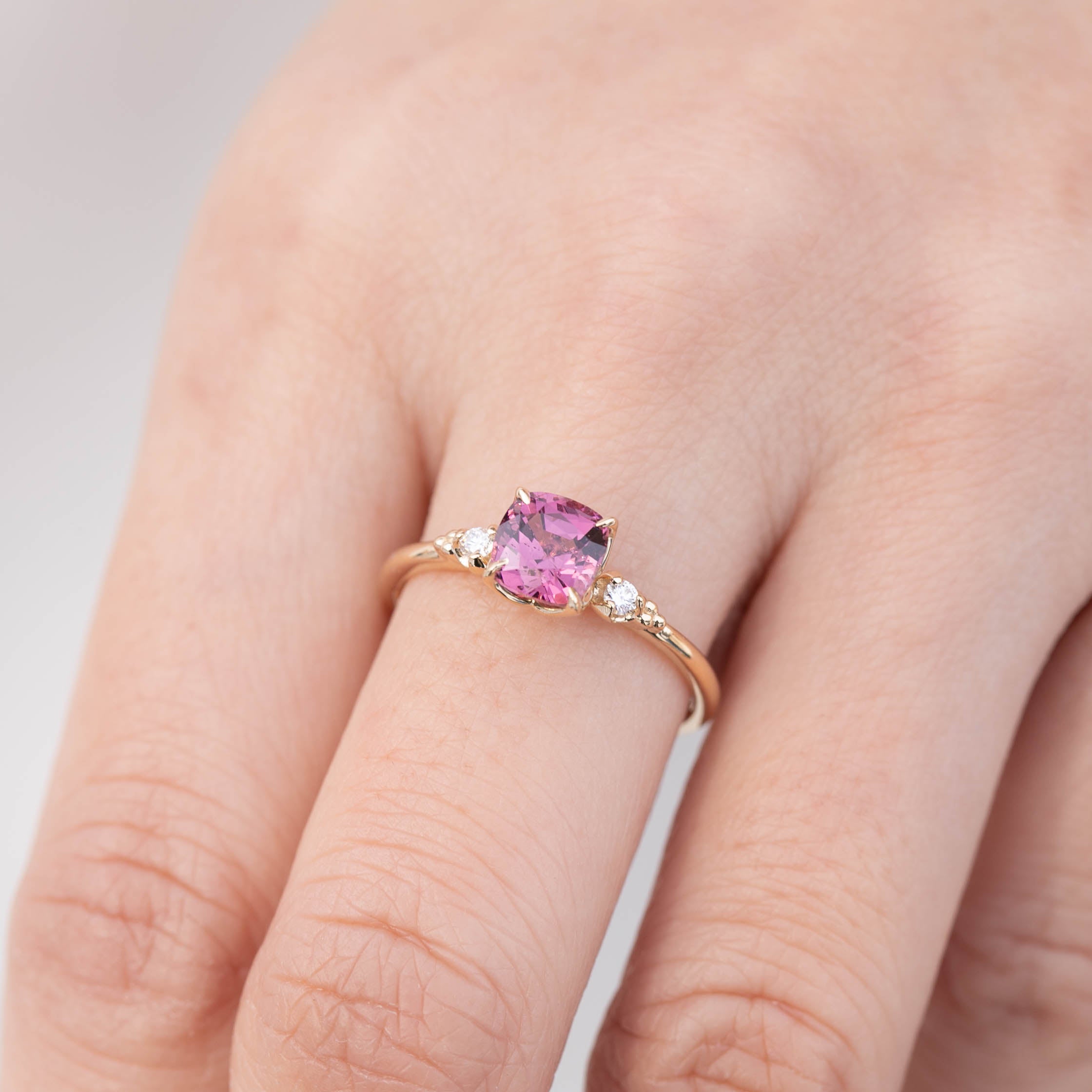 Estel Ring 1.32ct Cushion Cut Fuchsia Pink Spinel, 14k Yellow Gold (One of a kind)