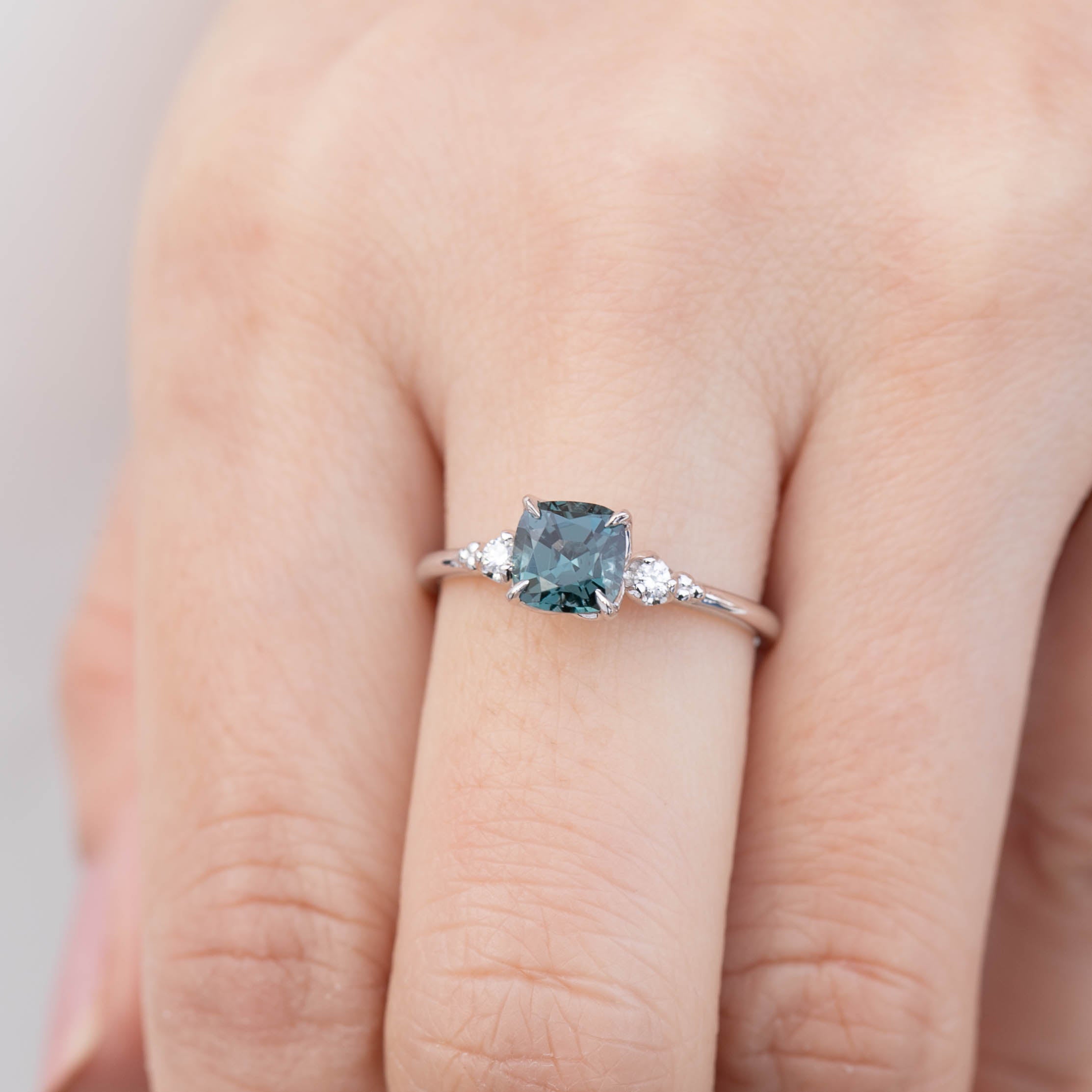 Estel Ring 1.02ct Cushion Cut Grey Blue Spinel, 14K White Gold (One of a kind)