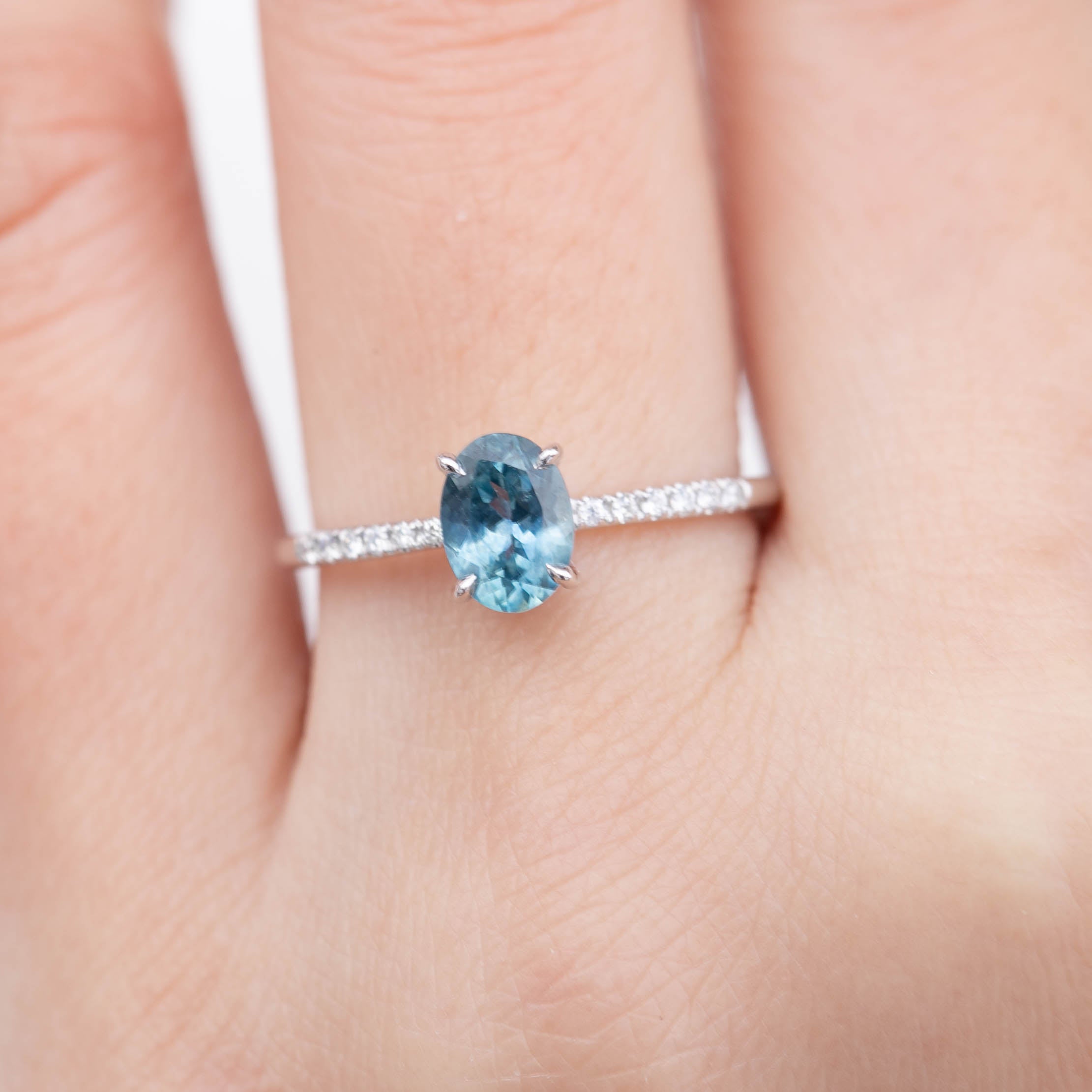 Audrey Ring - 1ct Light Blue Green Montana Sapphire, 14k White Gold (One of a kind)
