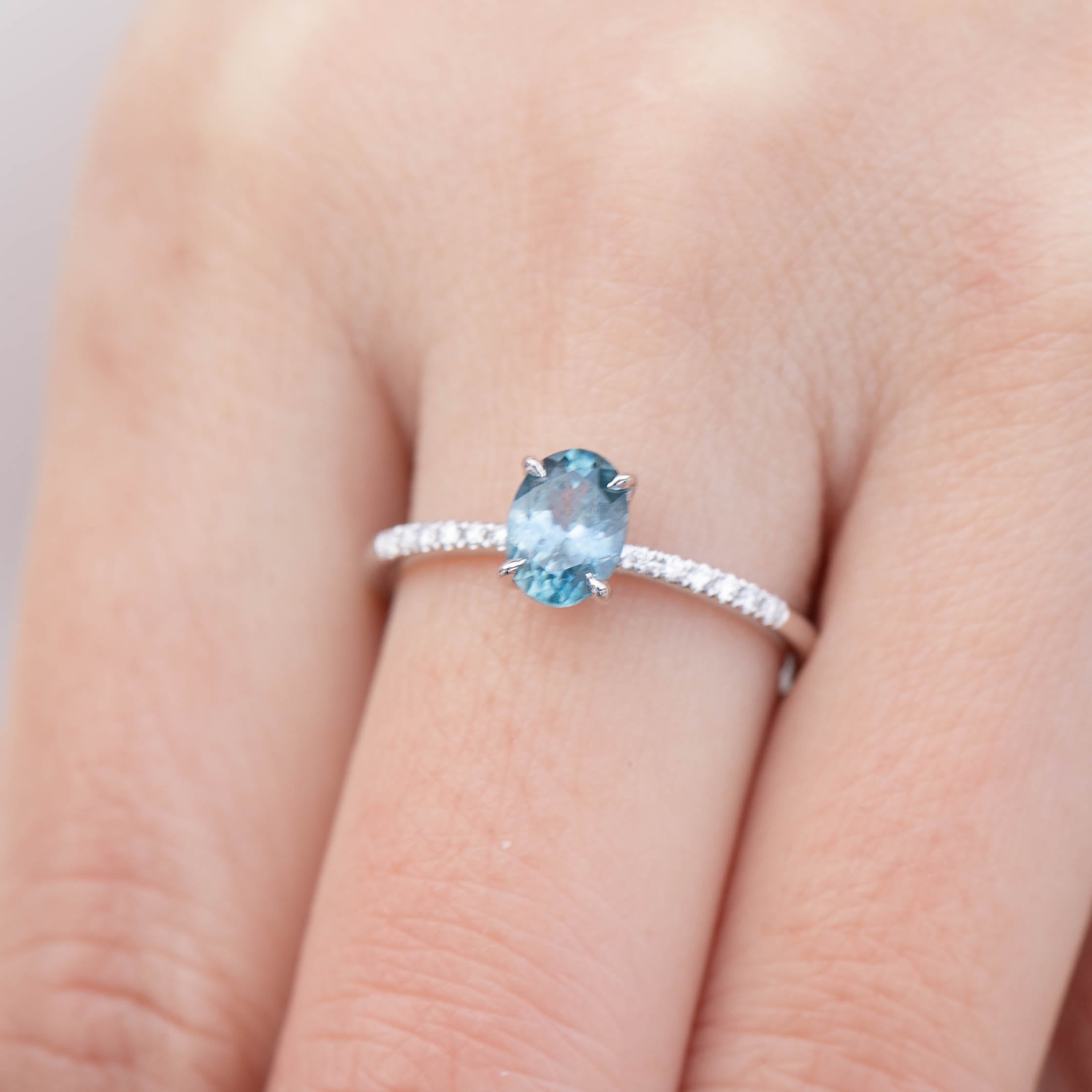 Audrey Ring - 1ct Light Blue Green Montana Sapphire, 14k White Gold (One of a kind)