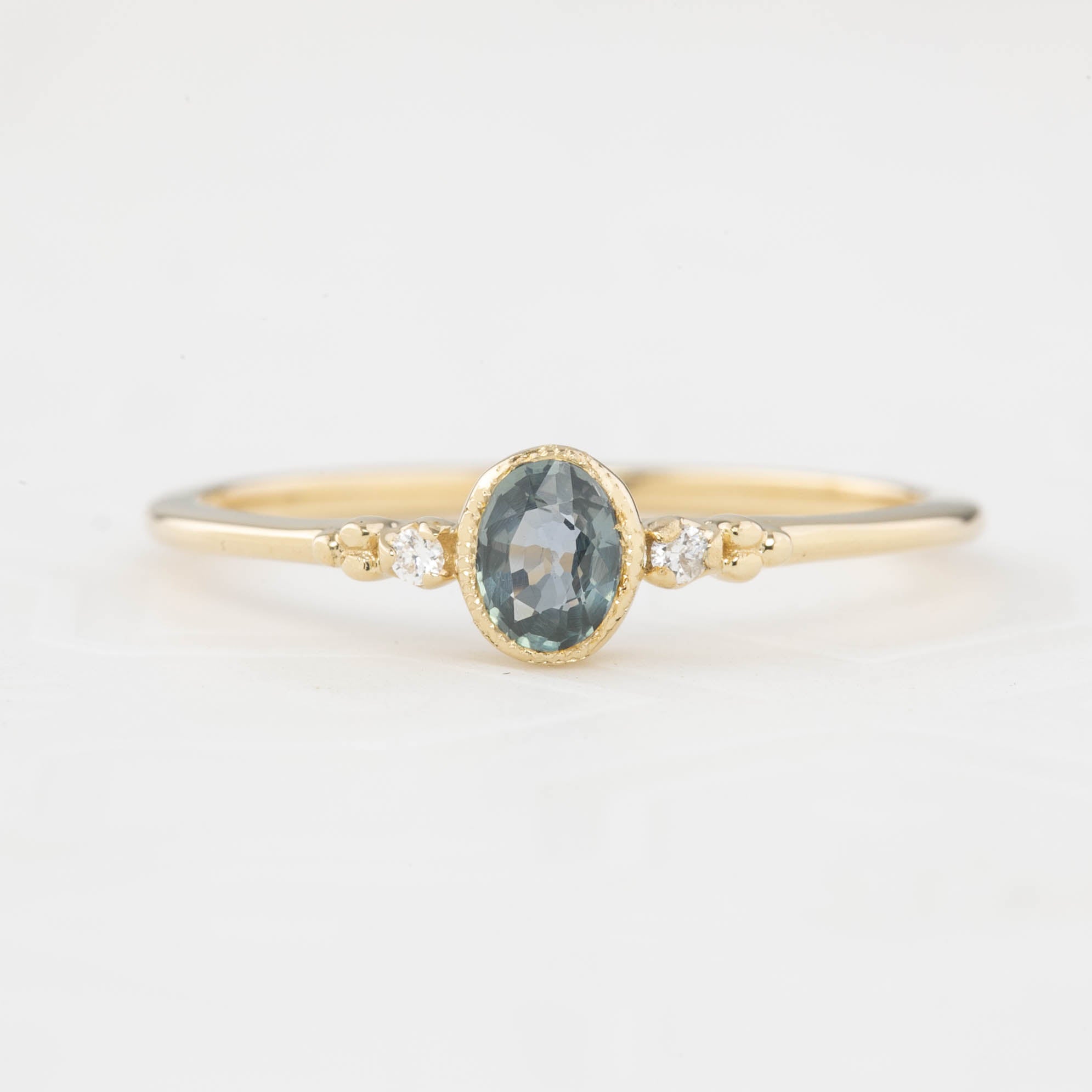 Estel Ring 0.3ct Unheated Oval Blue Green Sapphire, 14k yellow gold