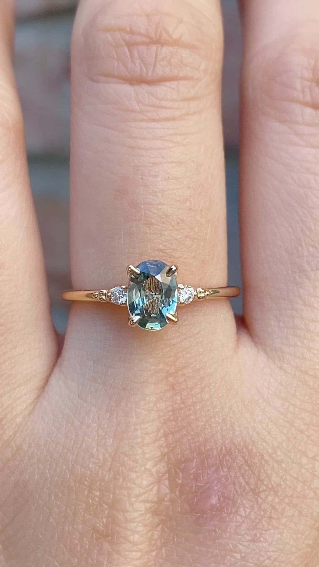 Estel Ring 0.9ct Light Green Unheated Oval Sapphire, 14K Yellow Gold (One of a kind)