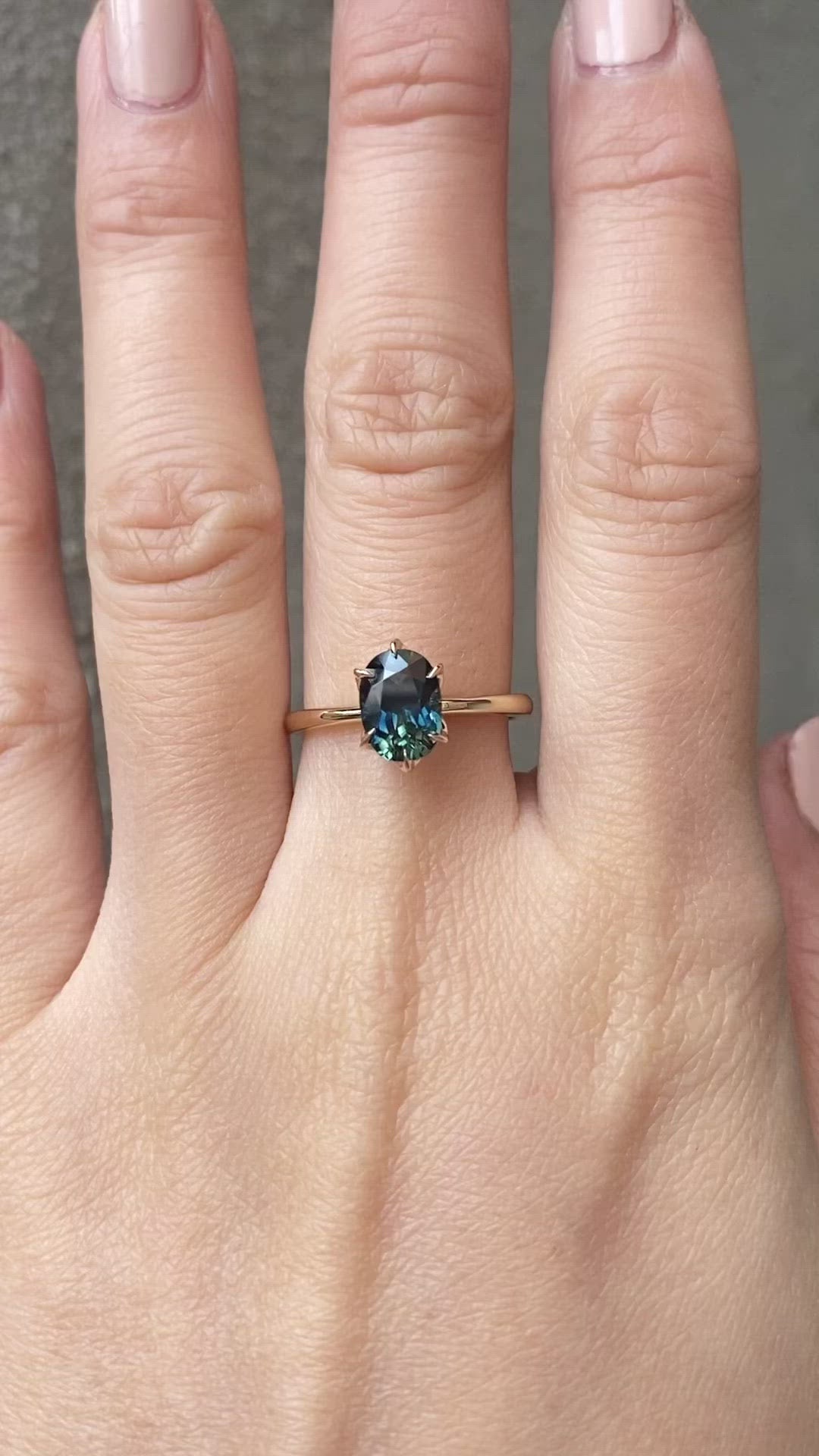 Floryn Ring 1.89ct Unheated Blue Green Oval Queensland Sapphire Ring, 14k Yellow Gold (One of a kind)