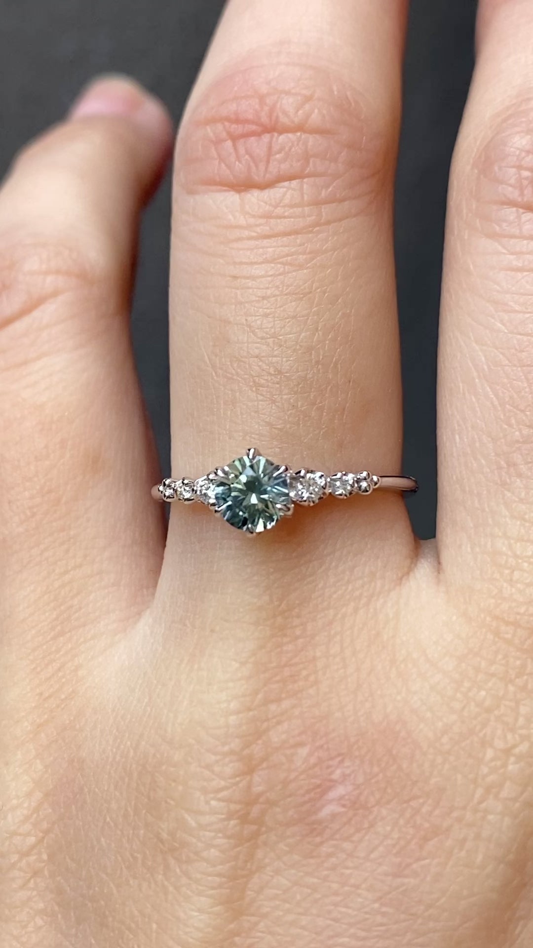 Estel Fleur Six Prongs Ring 4.75mm 0.60ct Light Blue Green Round Montana Sapphire 14K White Gold