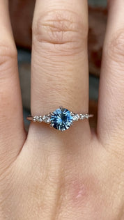 Estel Fleur Six Prongs Ring 0.94ct Light Blue Green Montana Sapphire, 14k White Gold (One of a kind)