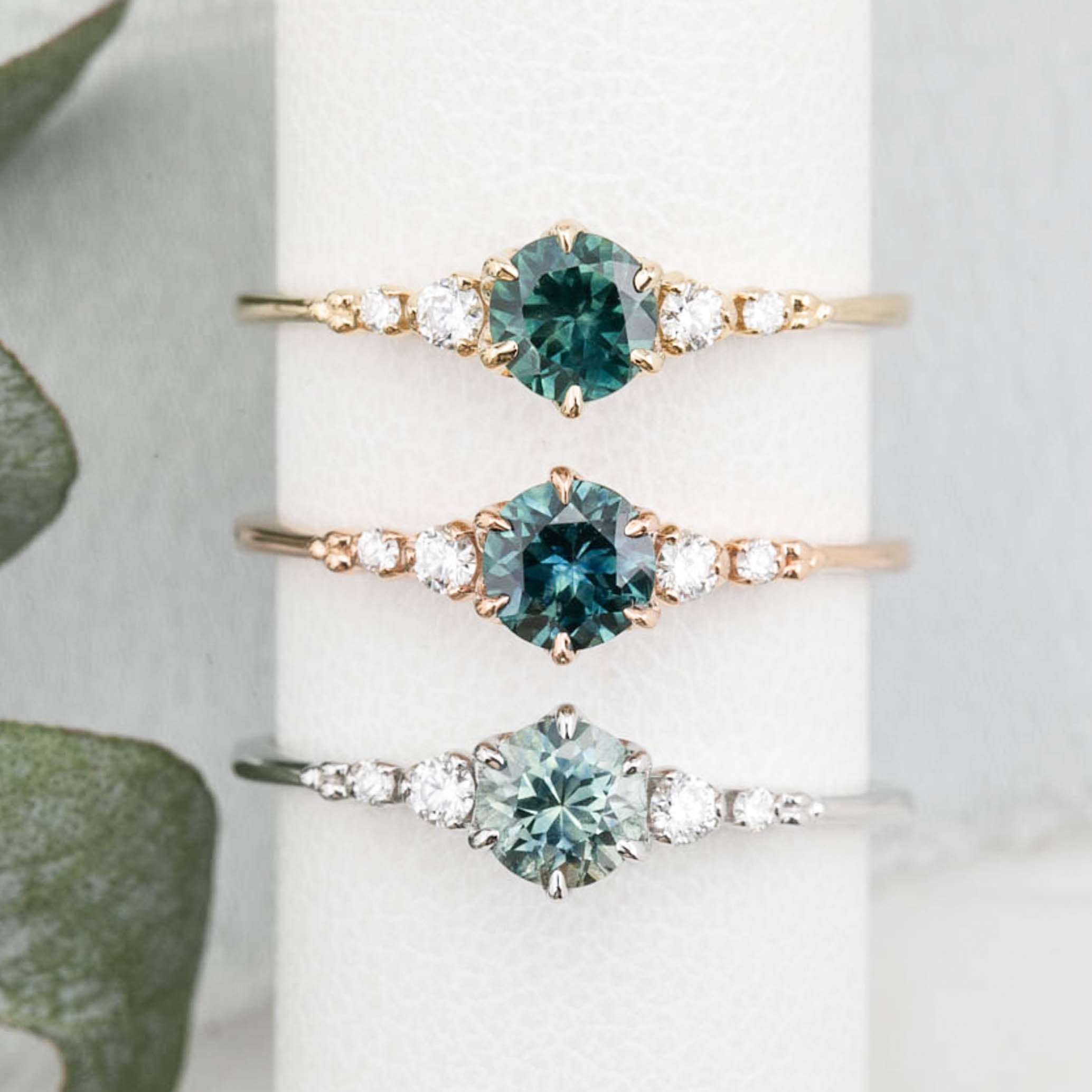 Estel Fleur Six Prongs Ring 4.75mm 0.60ct Light Blue Green Round Montana Sapphire 14K White Gold