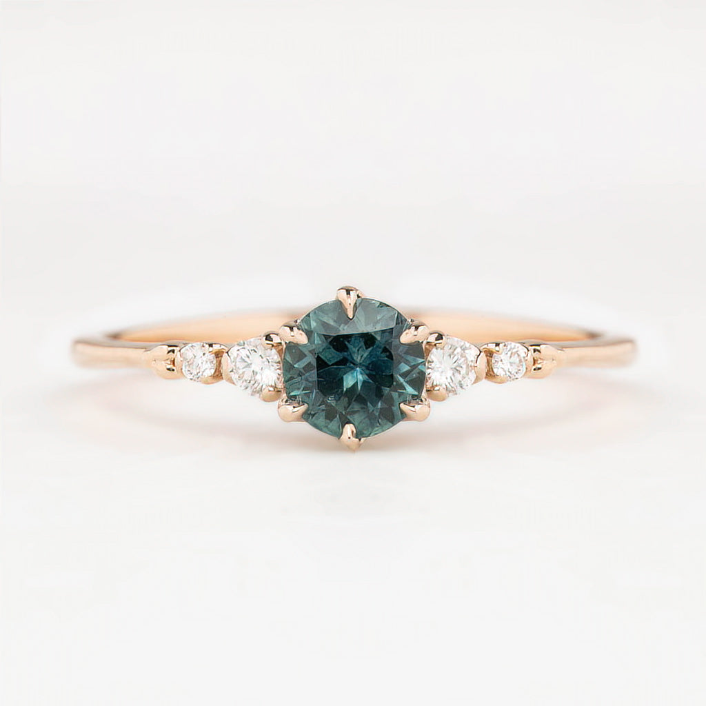 Estel Fleur Six Prongs Ring 4.75mm 0.60ct Teal Blue Round Montana Sapphire 14K Rose Gold