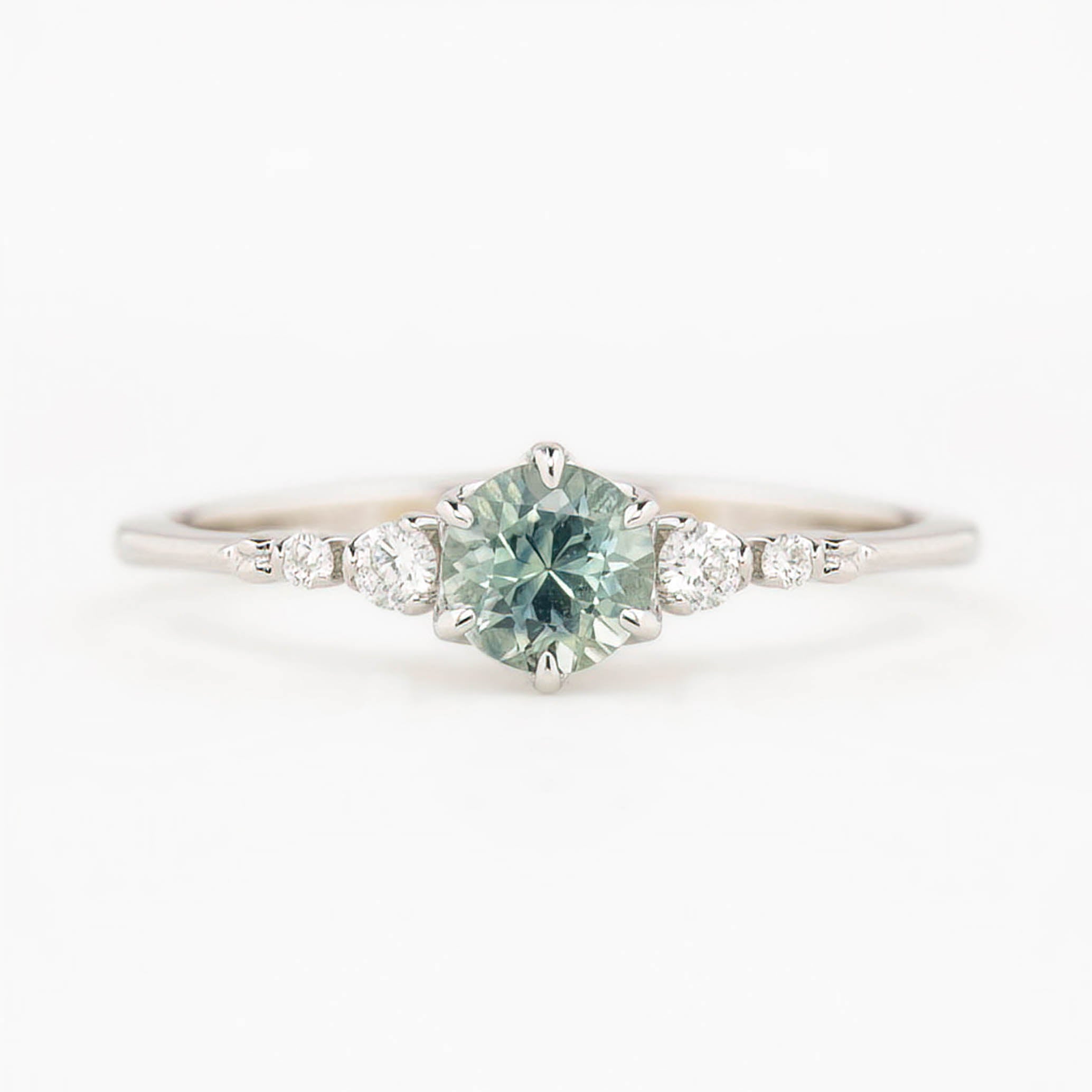 Estel Fleur Six Prongs Ring 4.75mm 0.60ct Light Blue Green Round Montana Sapphire 14K White Gold