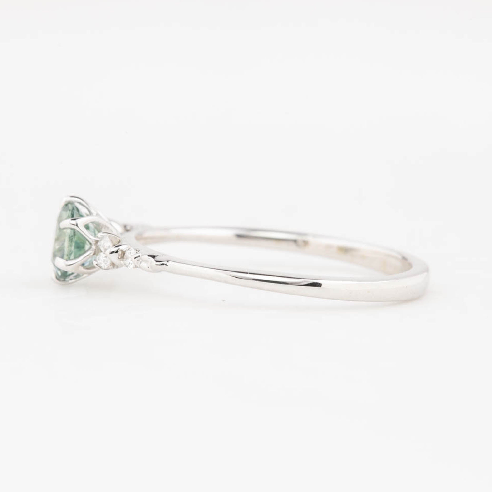 Estel Fleur Six Prongs Ring 4.75mm 0.60ct Light Blue Green Round Montana Sapphire 14K White Gold