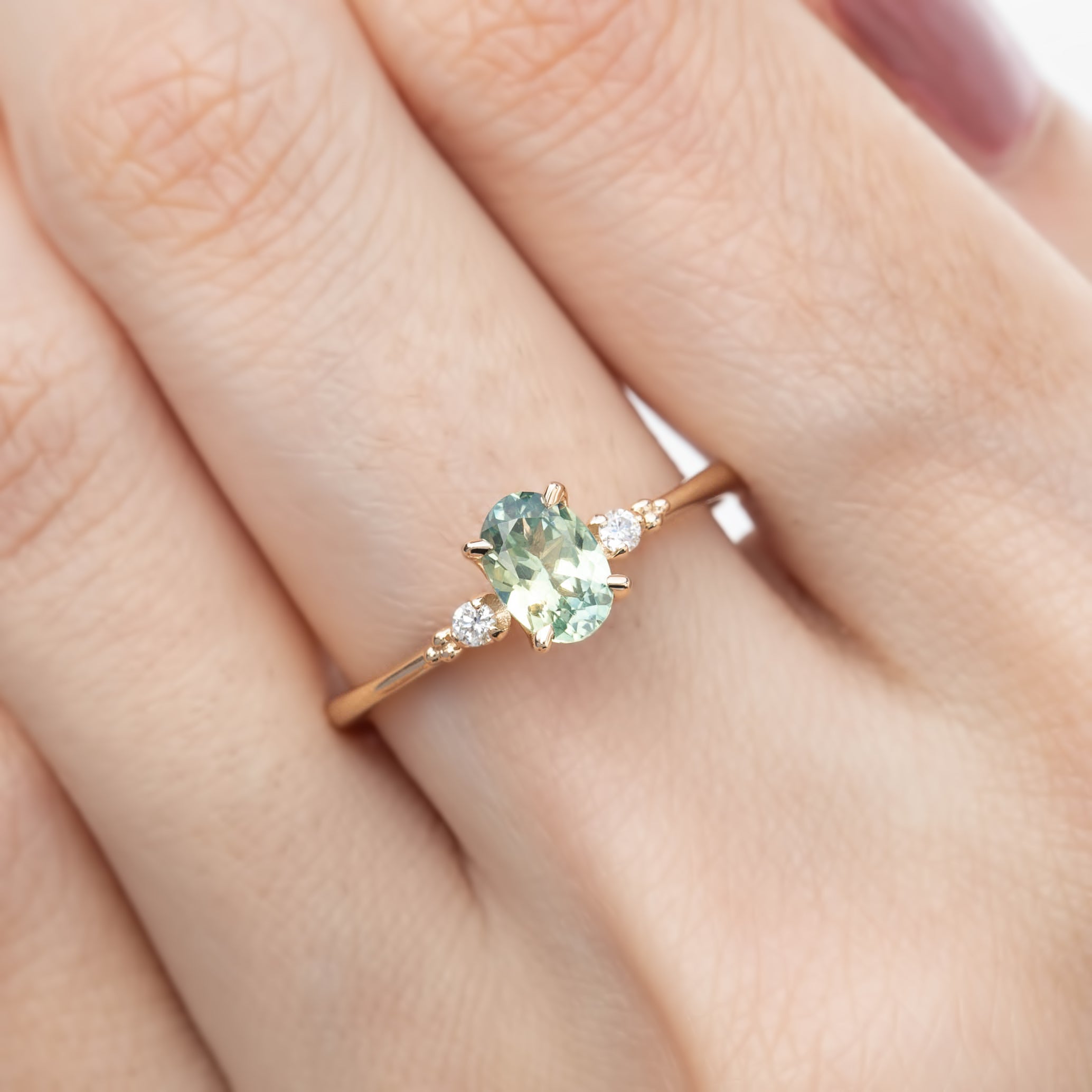 Estel Ring 6.5mm 0.70ct Oval Light Green Montana Sapphire 14K Yellow Gold
