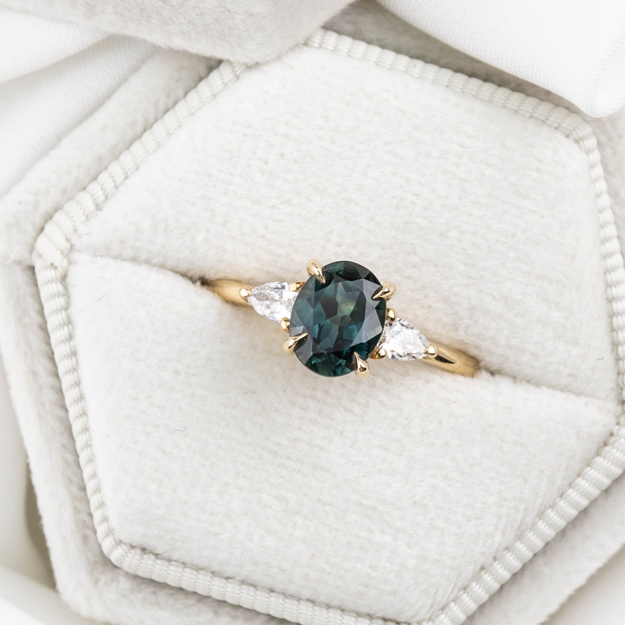 Olivia Ring 1.35ct Unheated Teal Blue Oval Queensland Sapphire (One of a kind), 14k yellow gold