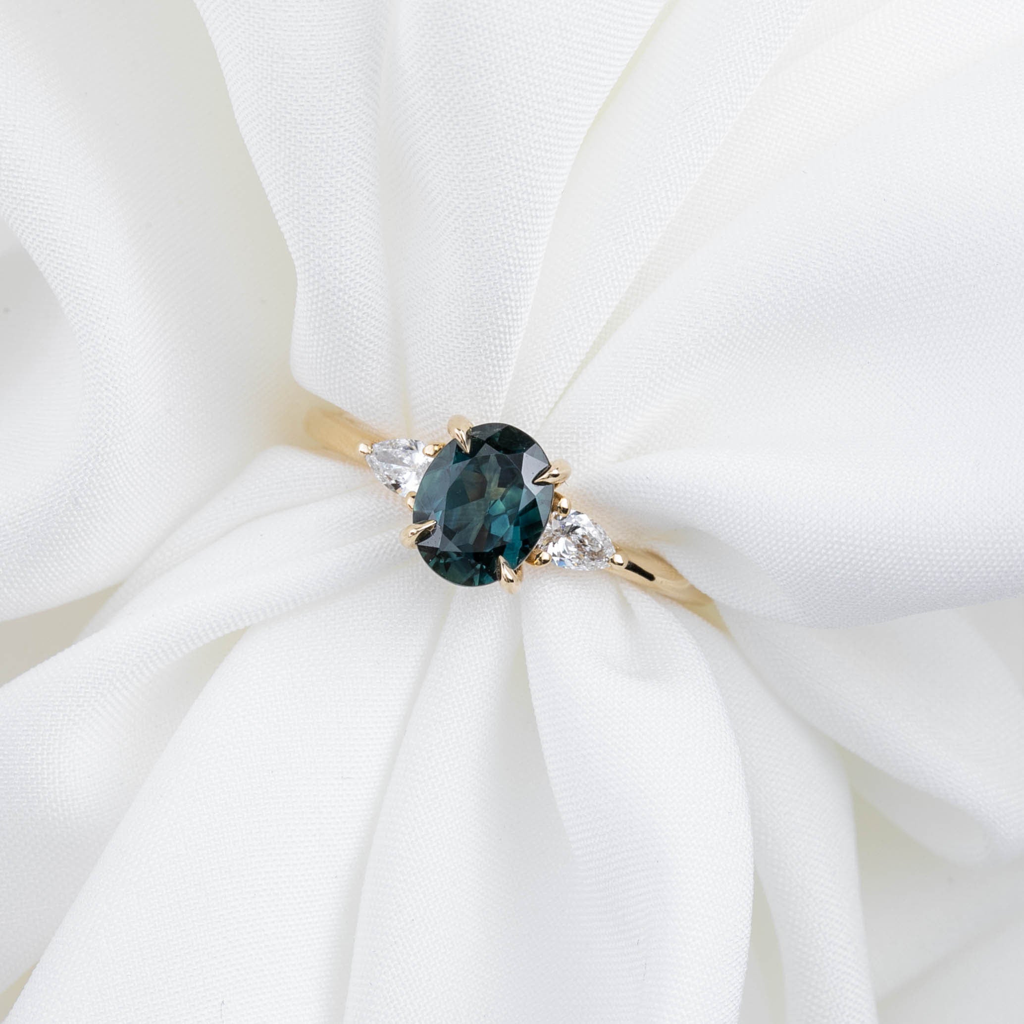 Olivia Ring 1.35ct Unheated Teal Blue Oval Queensland Sapphire (One of a kind), 14k yellow gold
