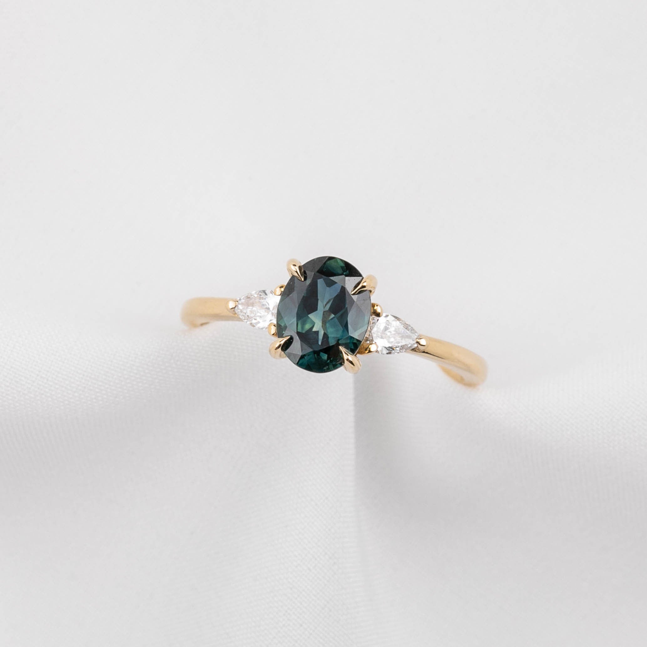 Olivia Ring 1.35ct Unheated Teal Blue Oval Queensland Sapphire (One of a kind), 14k yellow gold