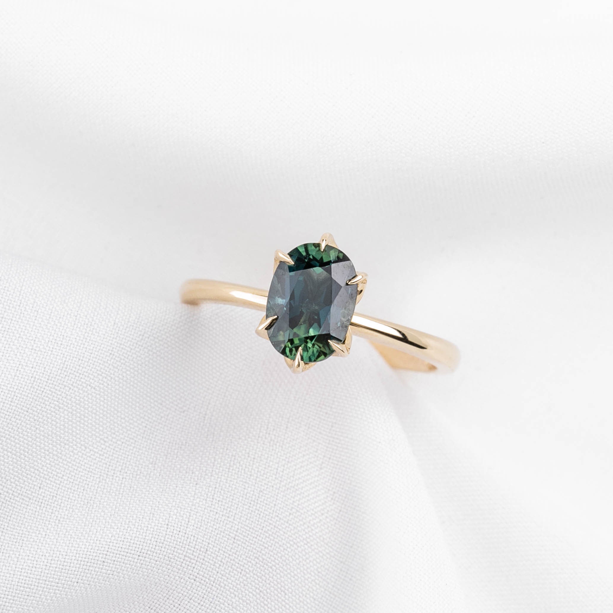 Floryn Ring 1.89ct Unheated Blue Green Oval Queensland Sapphire Ring, 14k Yellow Gold (One of a kind)
