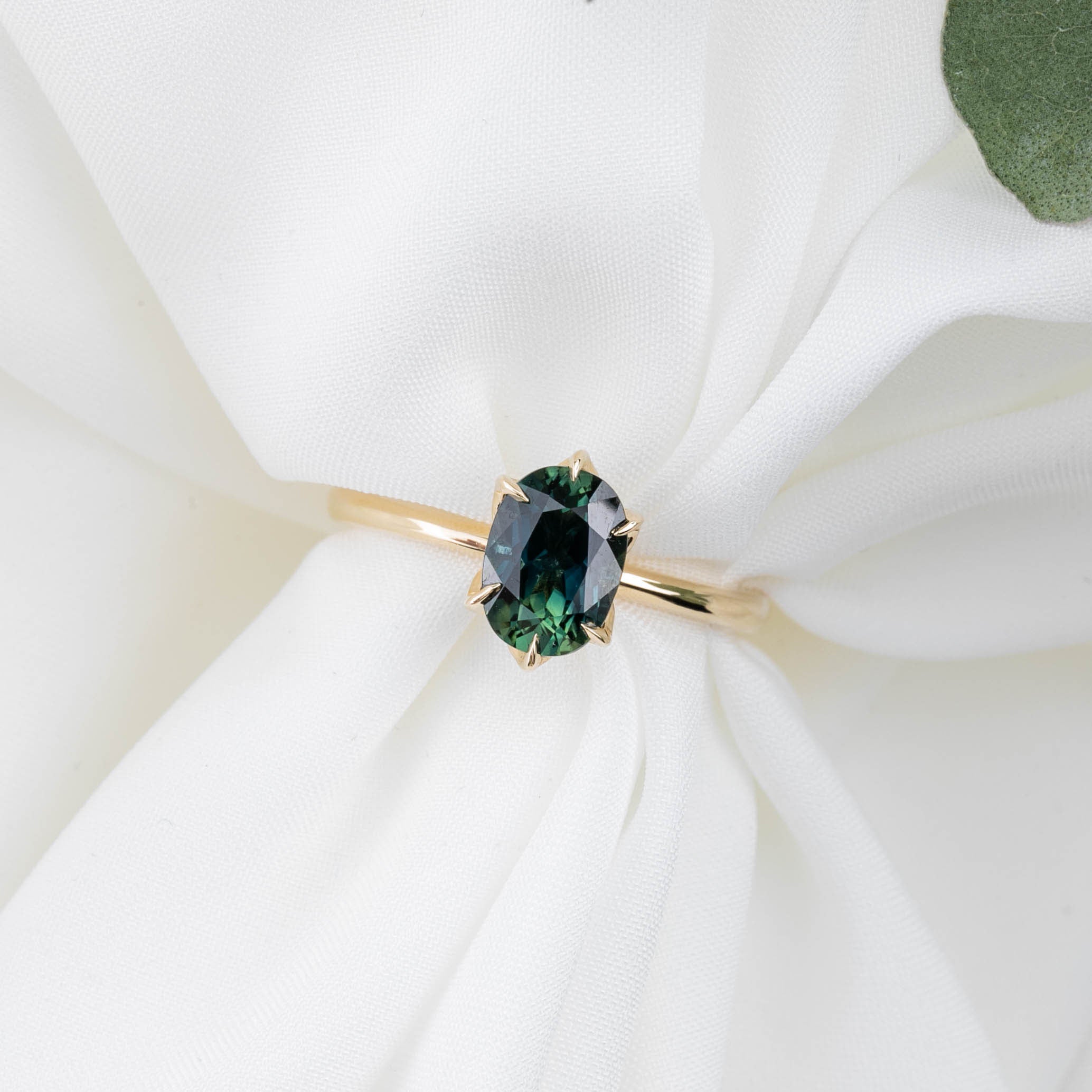 Floryn Ring 1.89ct Unheated Blue Green Oval Queensland Sapphire Ring, 14k Yellow Gold (One of a kind)