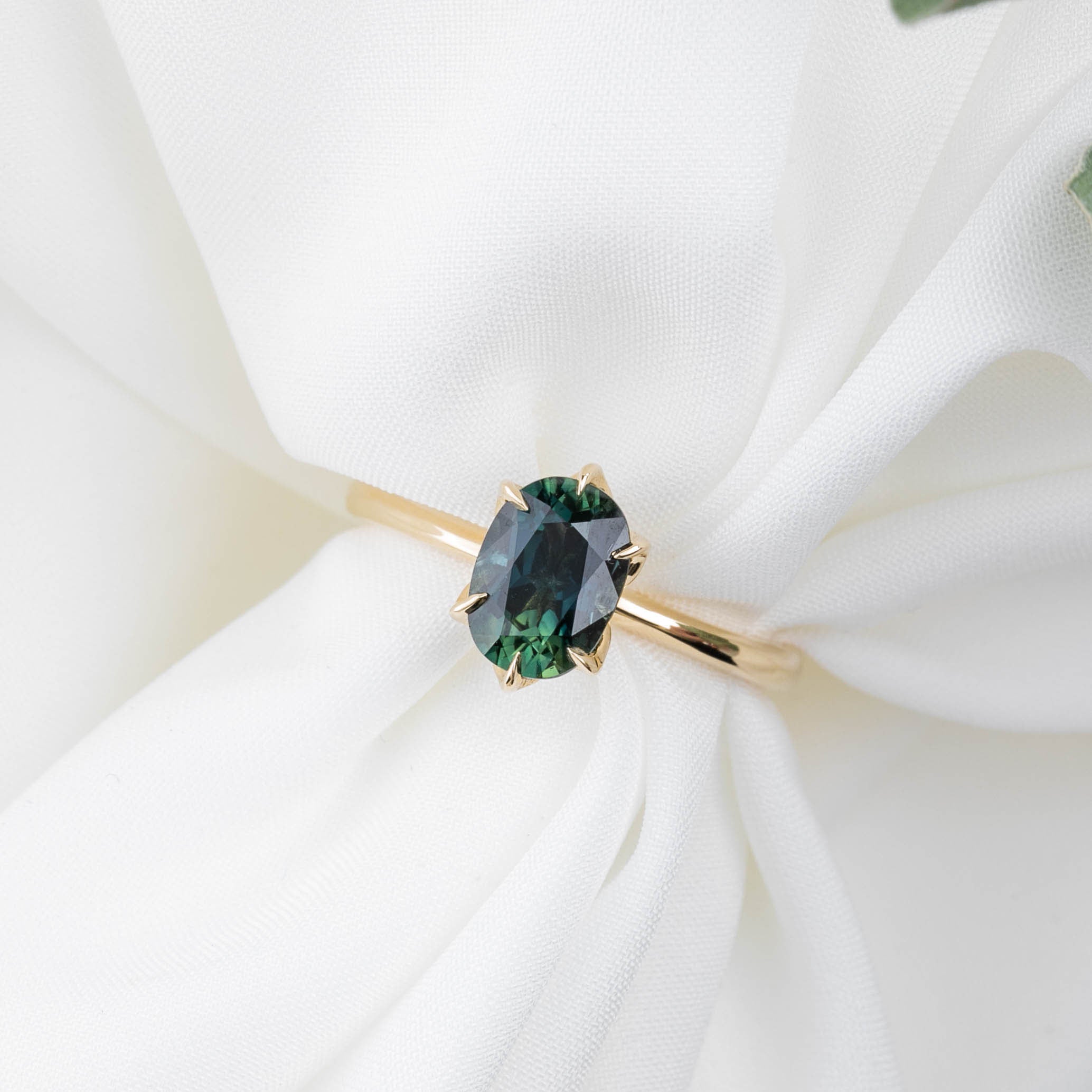 Floryn Ring 1.89ct Unheated Blue Green Oval Queensland Sapphire Ring, 14k Yellow Gold (One of a kind)