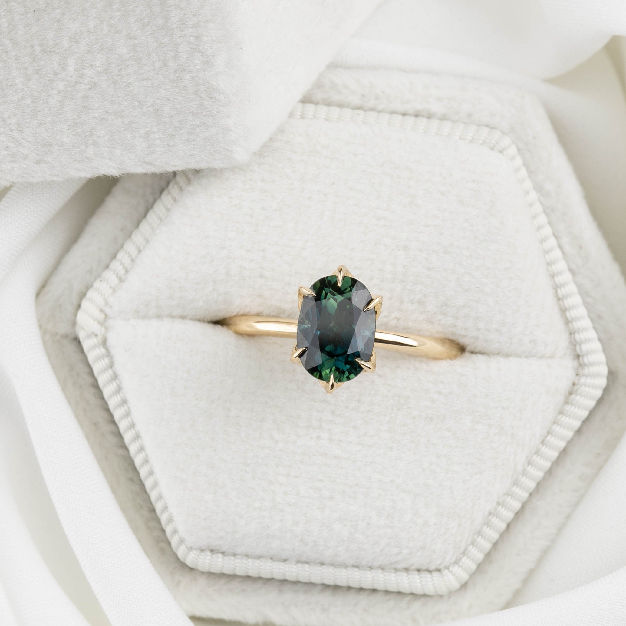 Floryn Ring 1.89ct Unheated Blue Green Oval Queensland Sapphire Ring, 14k Yellow Gold (One of a kind)