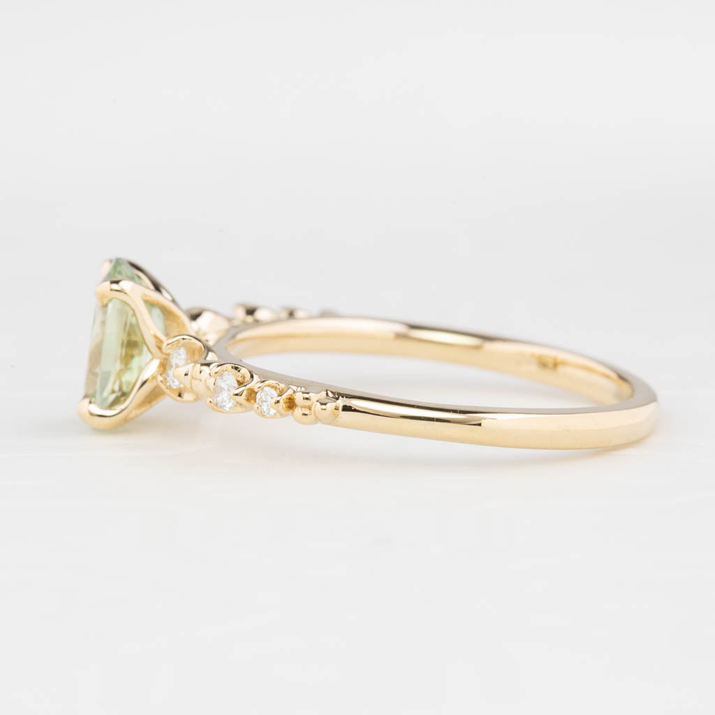 Wisteria Ring 1.06ct Light Green Madagascar Sapphire, 14K Yellow Gold (One of a kind)