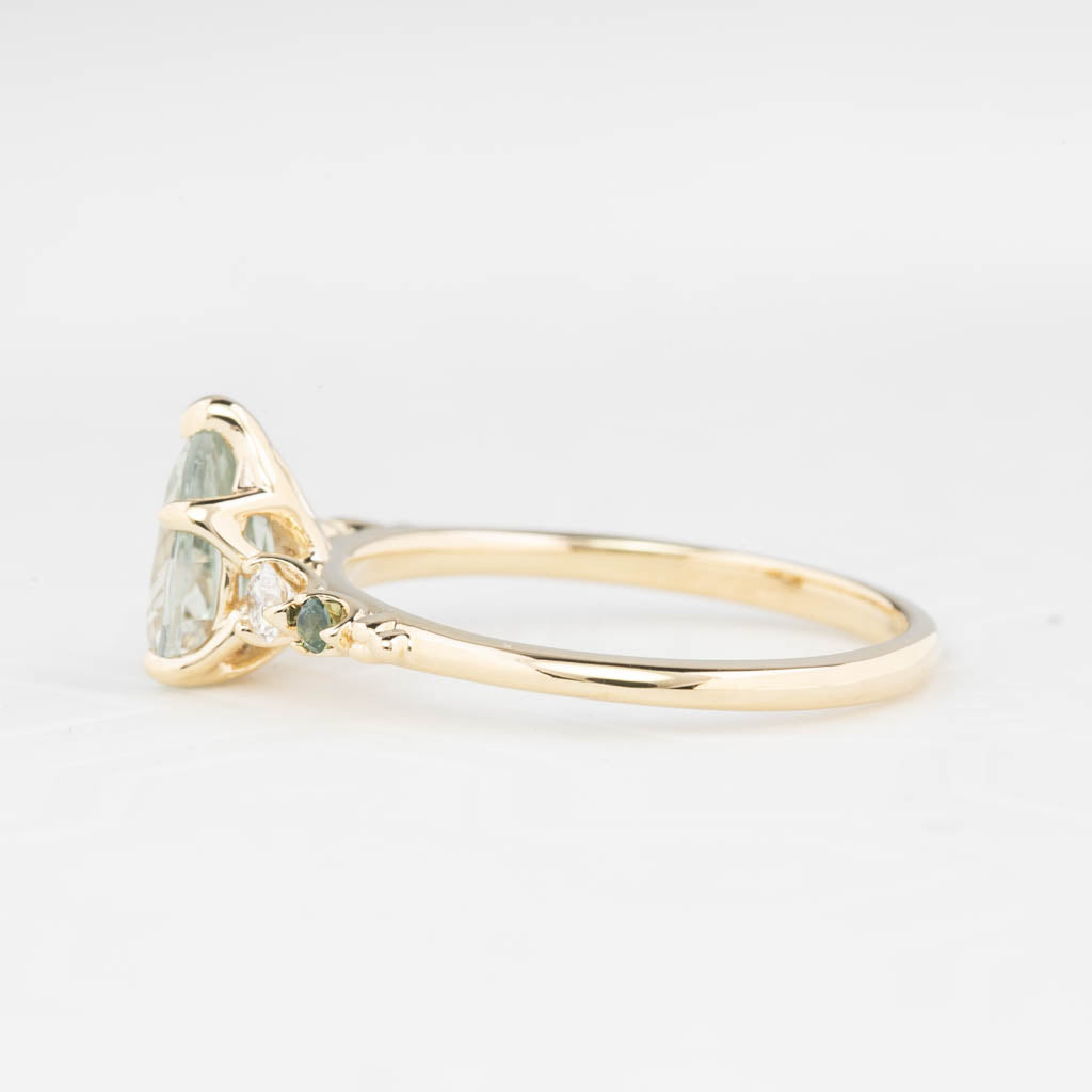 Estel Fleur Ring 1.5ct Light Green Madagascar Sapphire, 14K Yellow Gold (One of a kind)