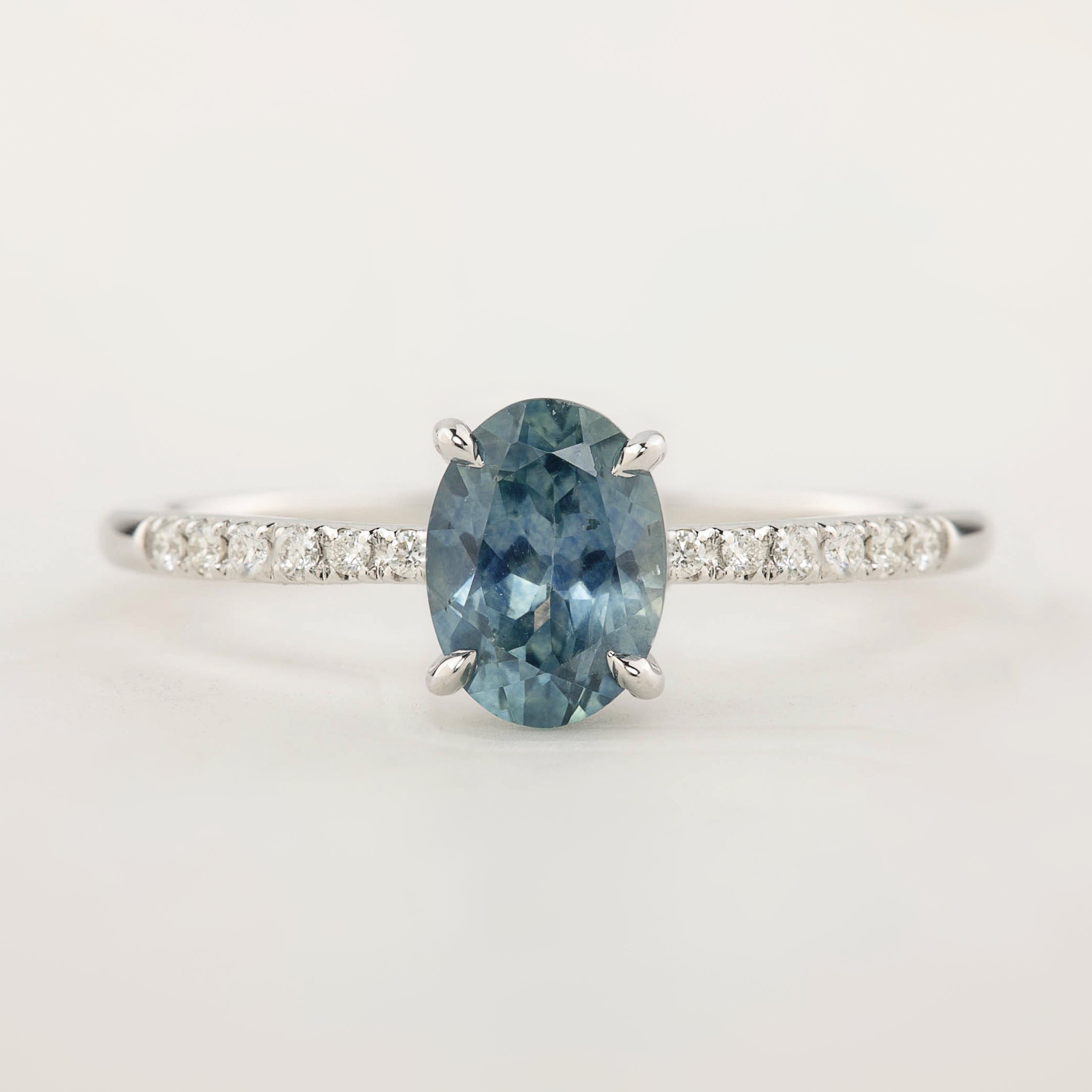 Audrey Ring - 1ct Light Blue Green Montana Sapphire, 14k White Gold (One of a kind)
