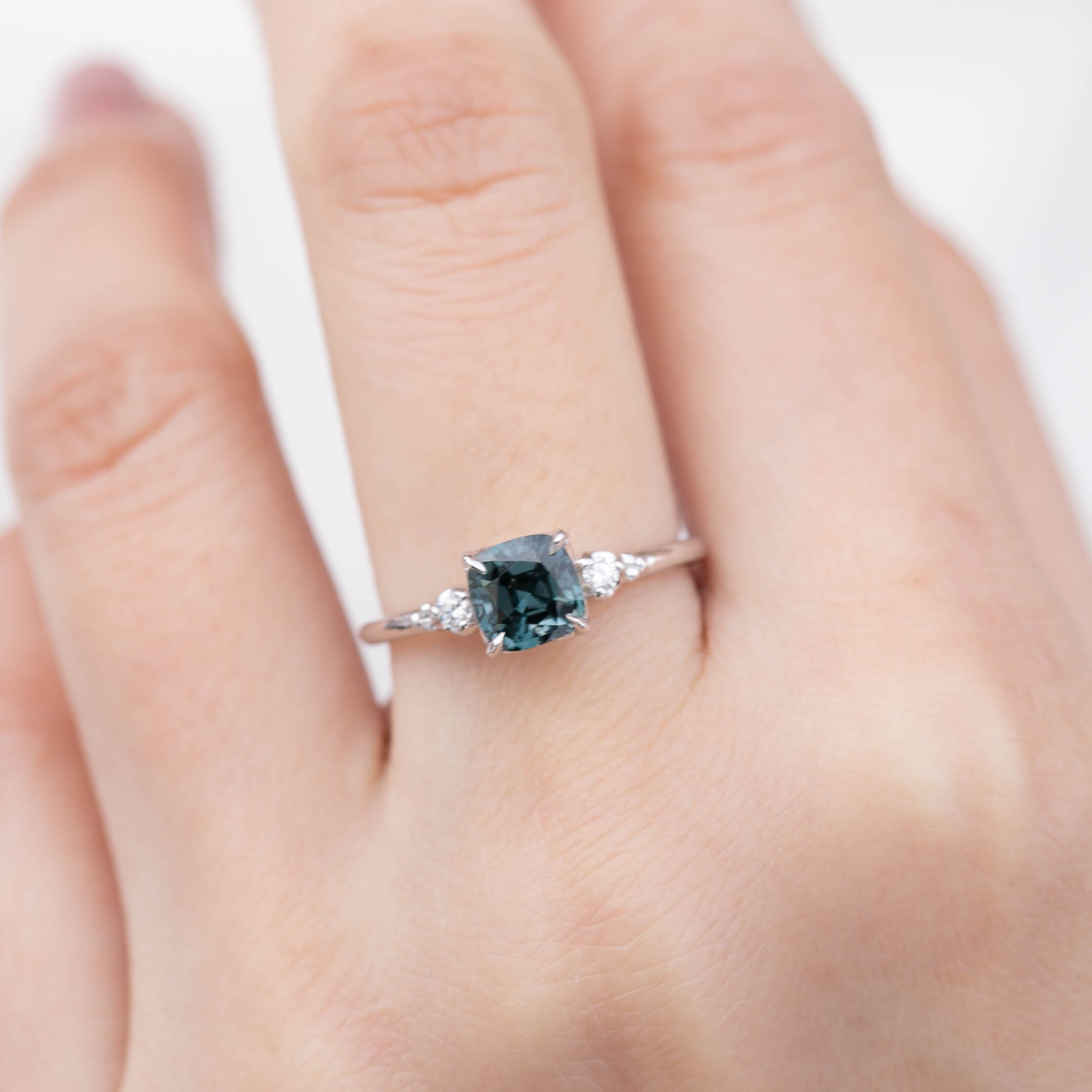 Estel Ring 1.02ct Cushion Cut Grey Blue Spinel, 14K White Gold (One of a kind)