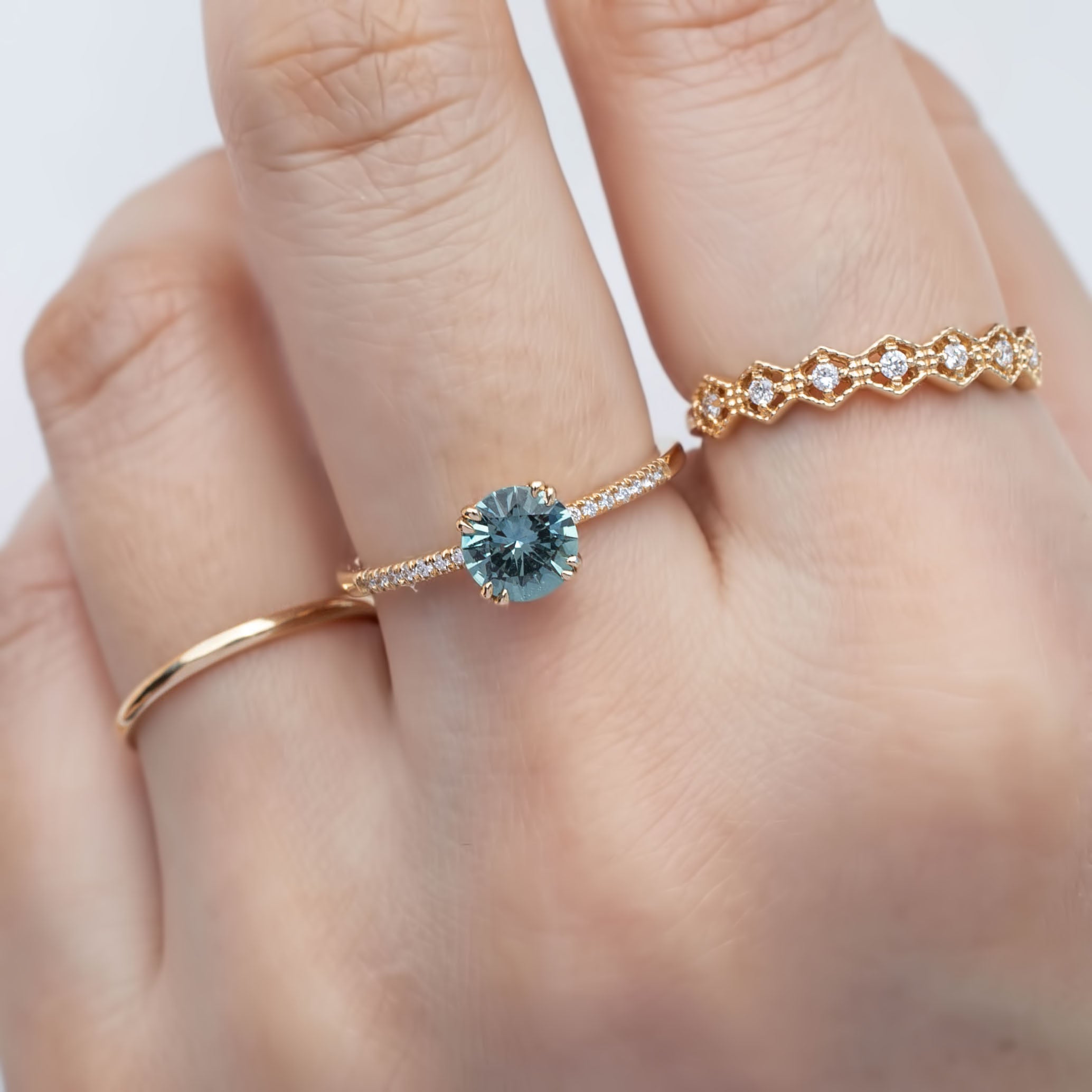【即日配送】サブリナリング ・0.85ct・加熱モンタナ産ライトアクアグリーンサファイア・K14ＹG