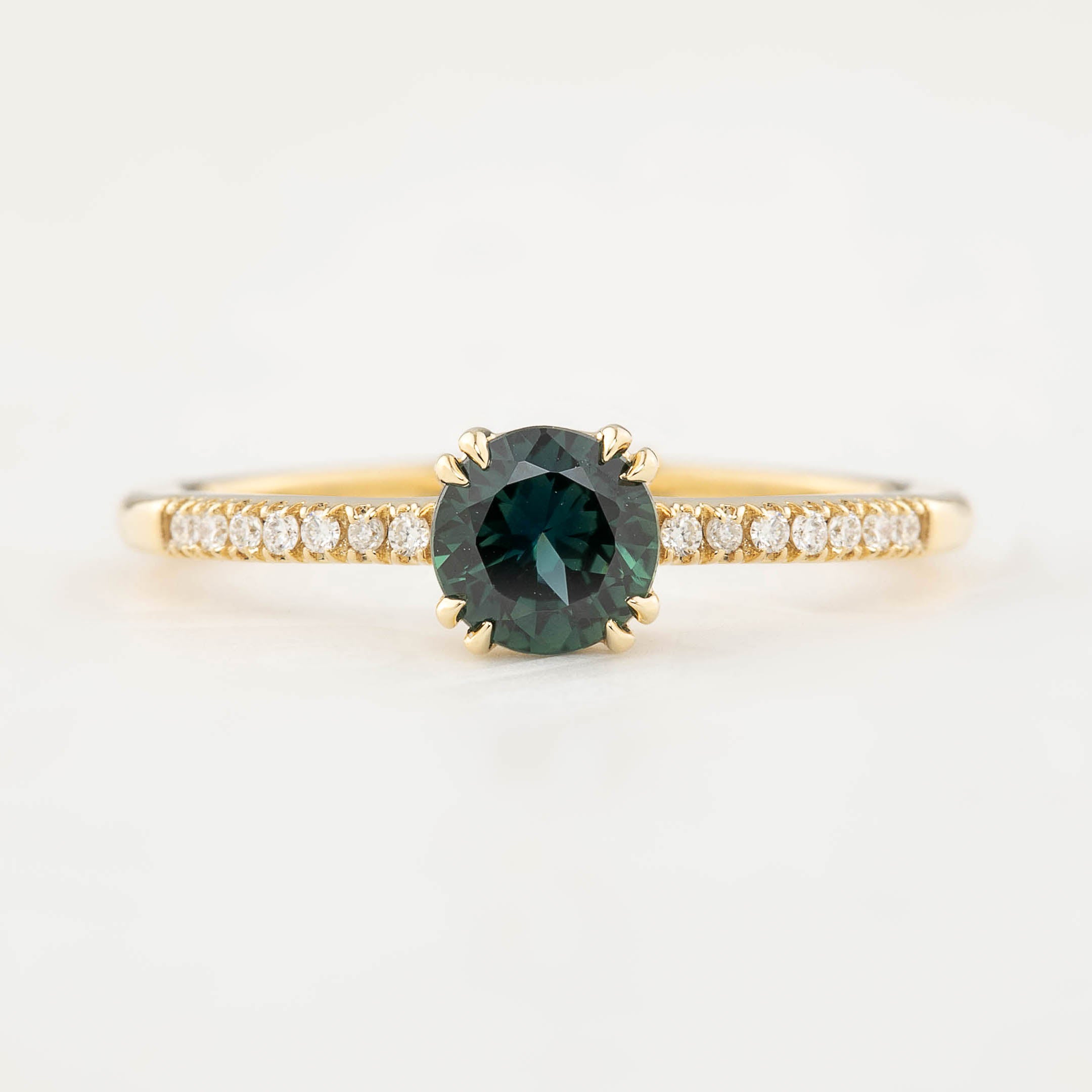 Sabrina Ring 0.68ct Round Queensland Peacock Sapphire, 14k Yellow Gold (One of a kind)