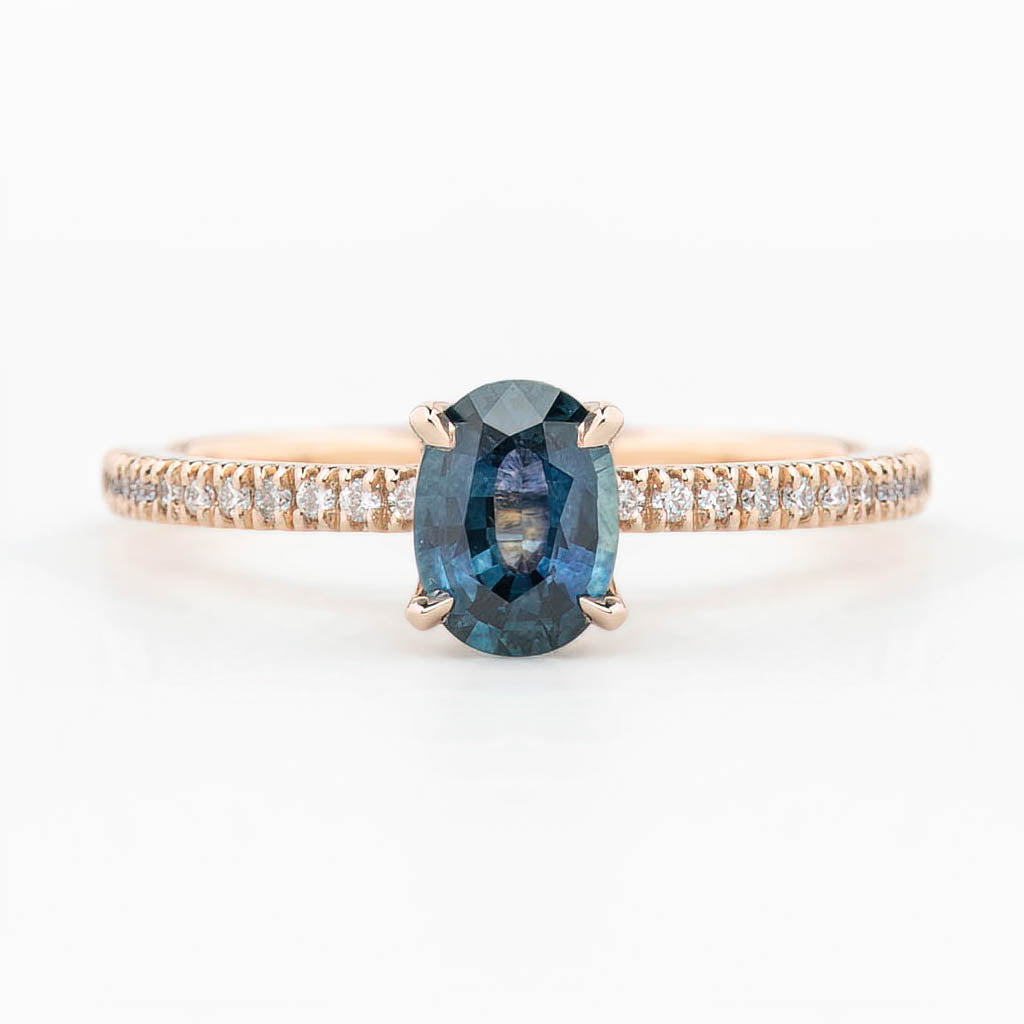 Maria Ring 0.9ct Blue Green Montana Sapphire, 14K Rose Gold (One of a kind)