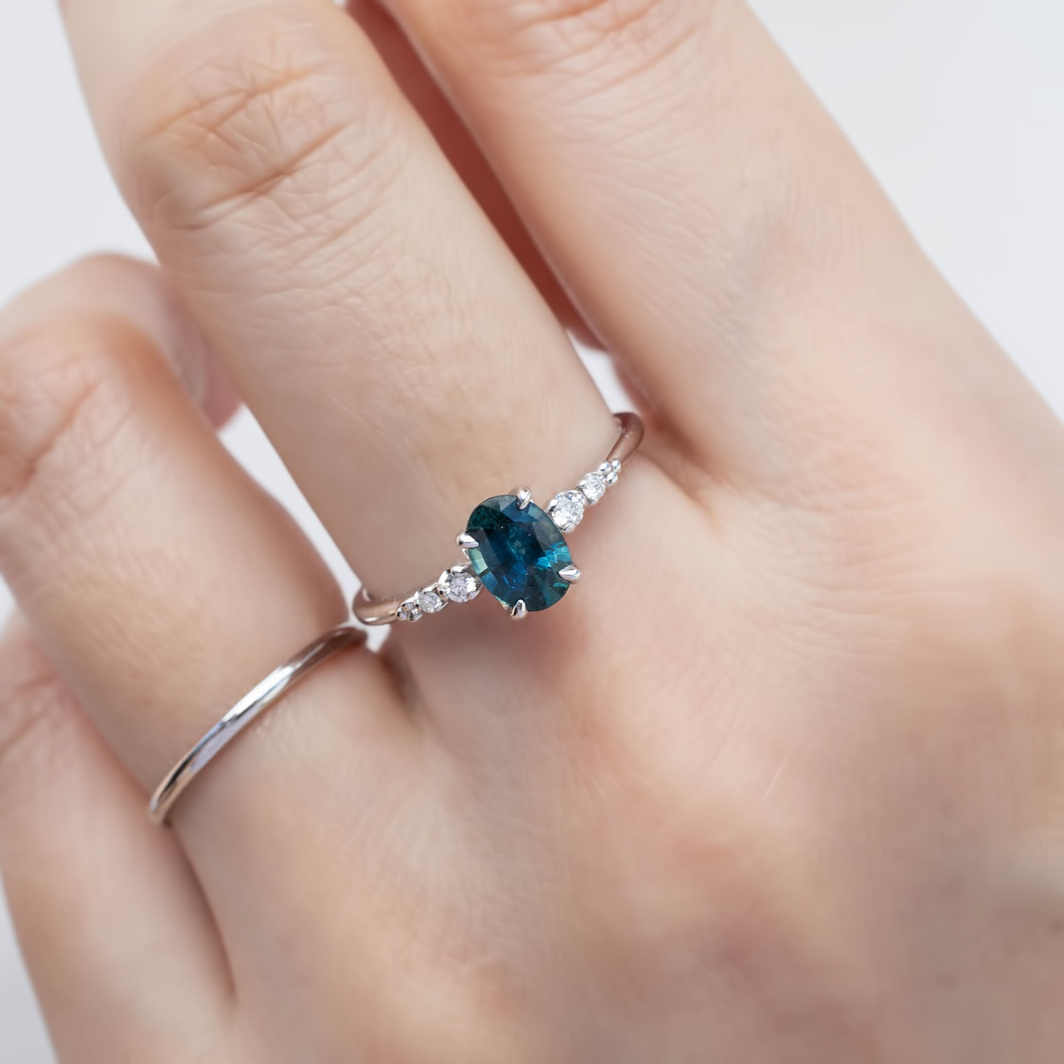 Estel Fleur Four Prongs Ring 0.83ct Blue Green Montana Sapphire, 14K White Gold (One of a kind)
