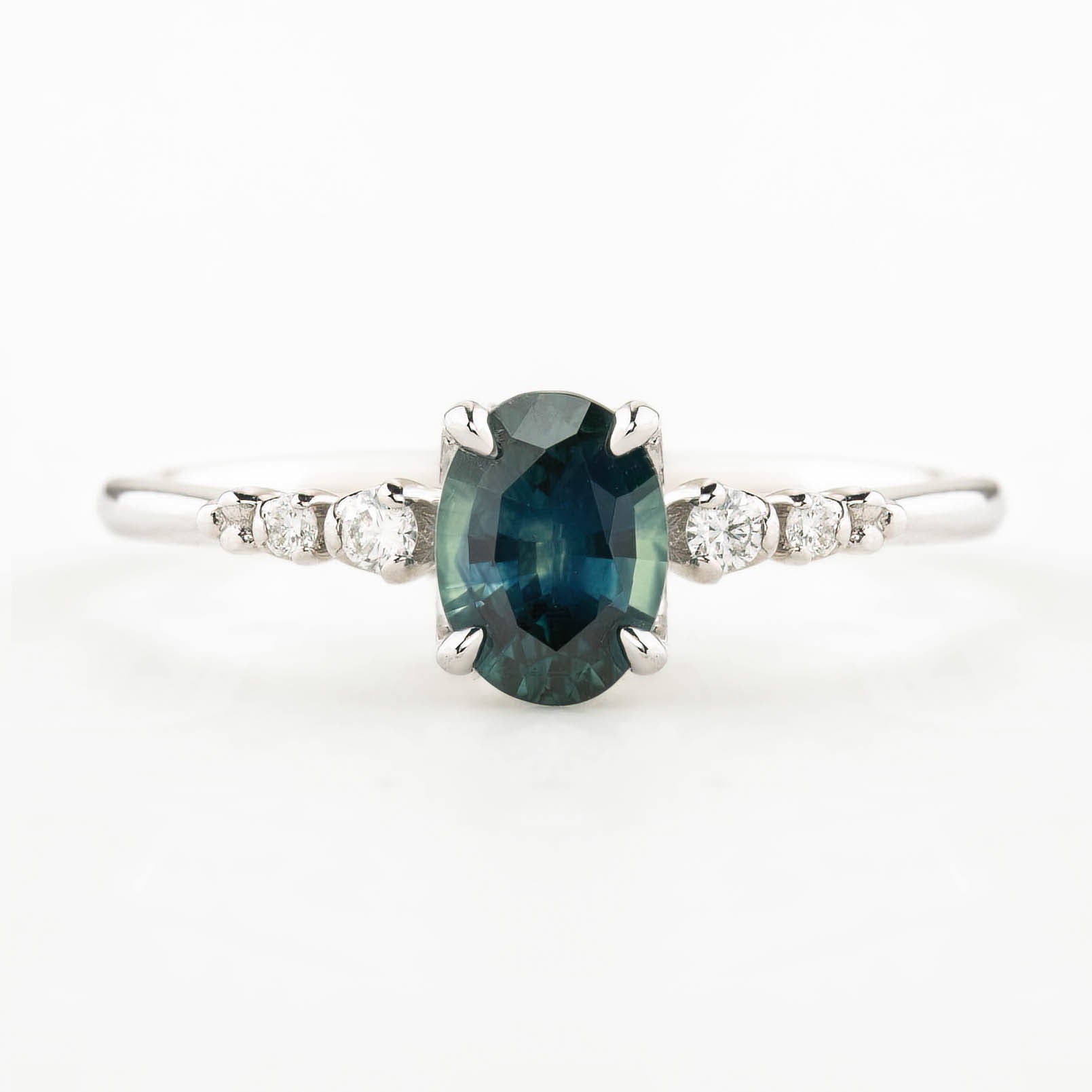 Estel Fleur Four Prongs Ring 0.83ct Blue Green Montana Sapphire, 14K White Gold (One of a kind)
