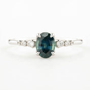 Estel Fleur Four Prongs Ring 0.83ct Blue Green Montana Sapphire, 14K White Gold (One of a kind)
