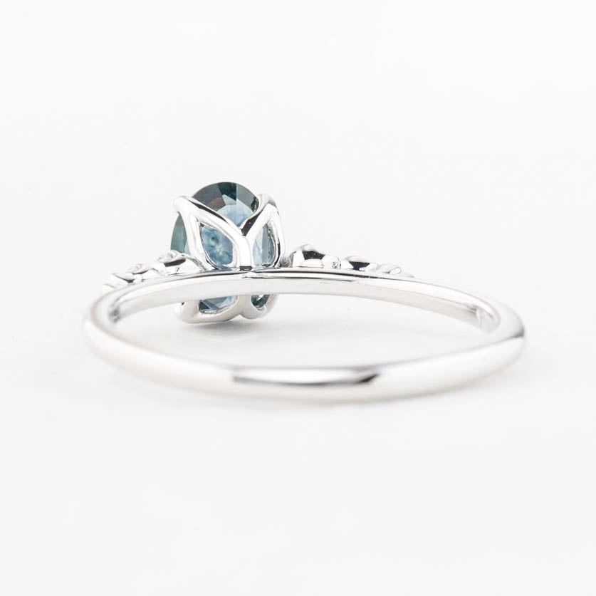 Estel Fleur Four Prongs Ring 0.83ct Blue Green Montana Sapphire, 14K White Gold (One of a kind)