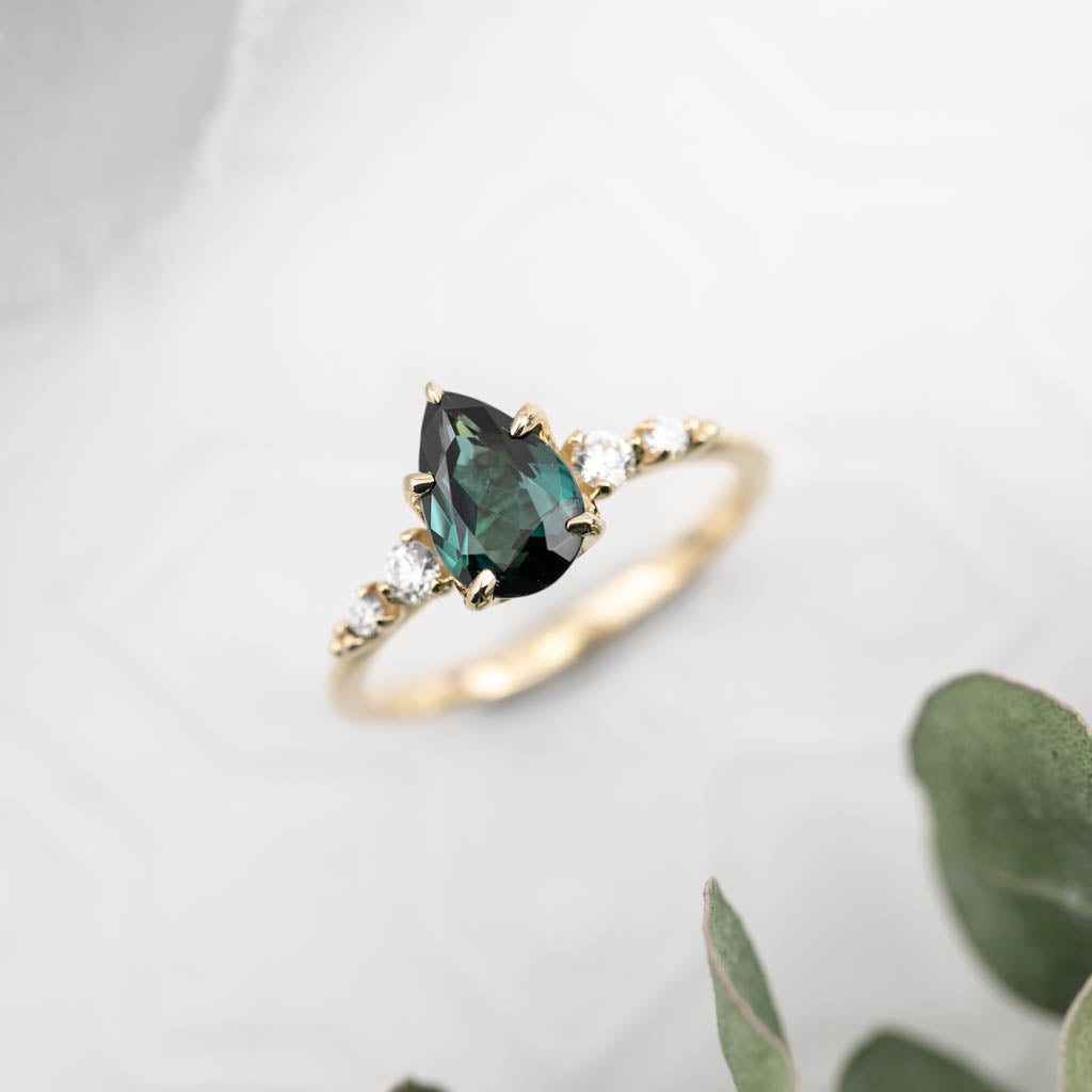 Estel Fleur Ring Peacock Green Pear Tourmaline, 14K Yellow Gold (One of a kind)