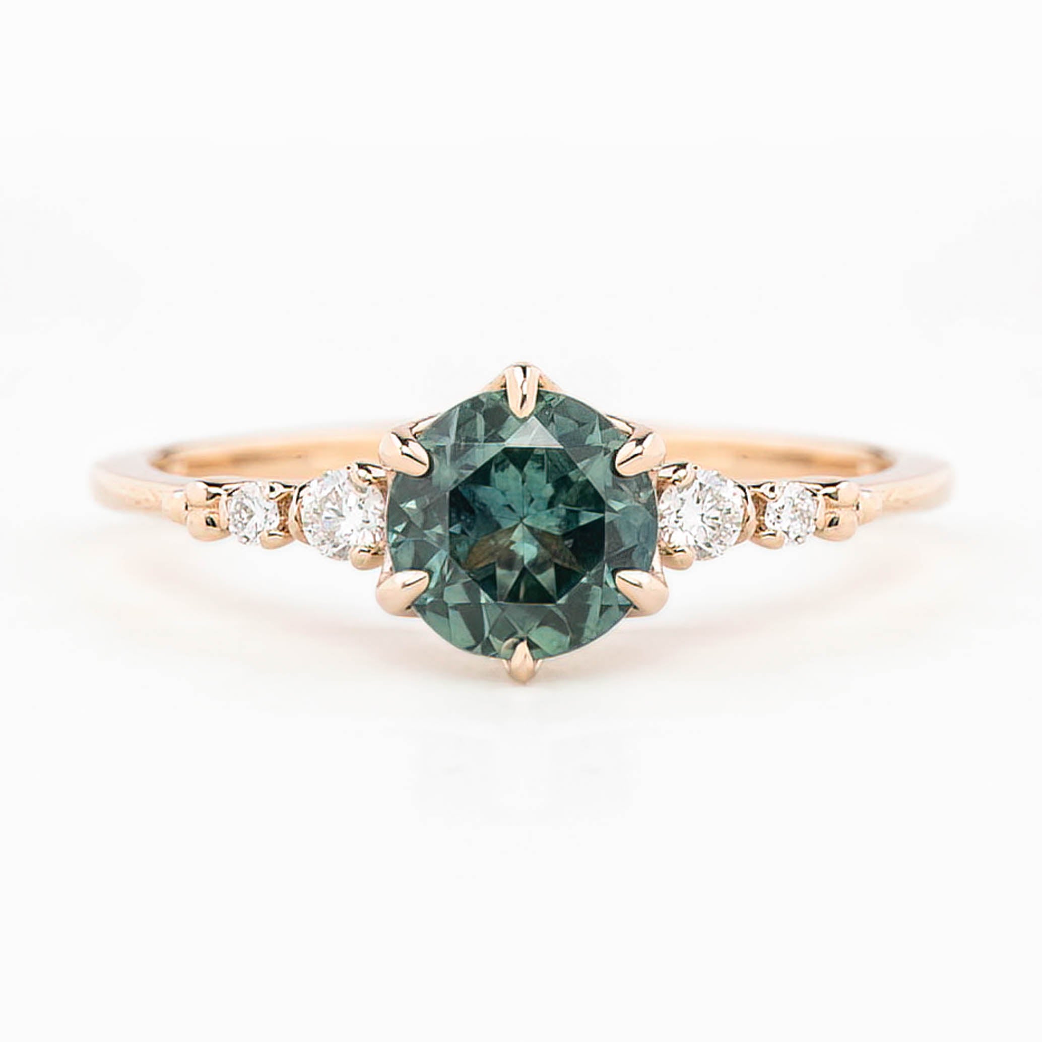 Estel Fleur Six Prongs Ring 1.02ct Blue Green Round Montana Sapphire, 14K Rose Gold (One of a kind)