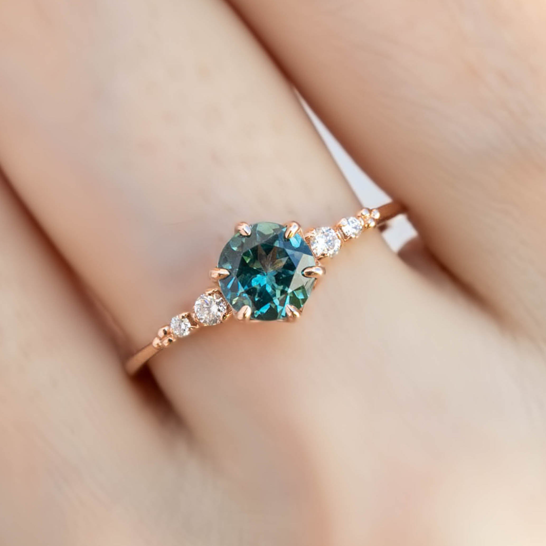 Estel Fleur Six Prongs Ring 1.02ct Blue Green Round Montana Sapphire, 14K Rose Gold (One of a kind)