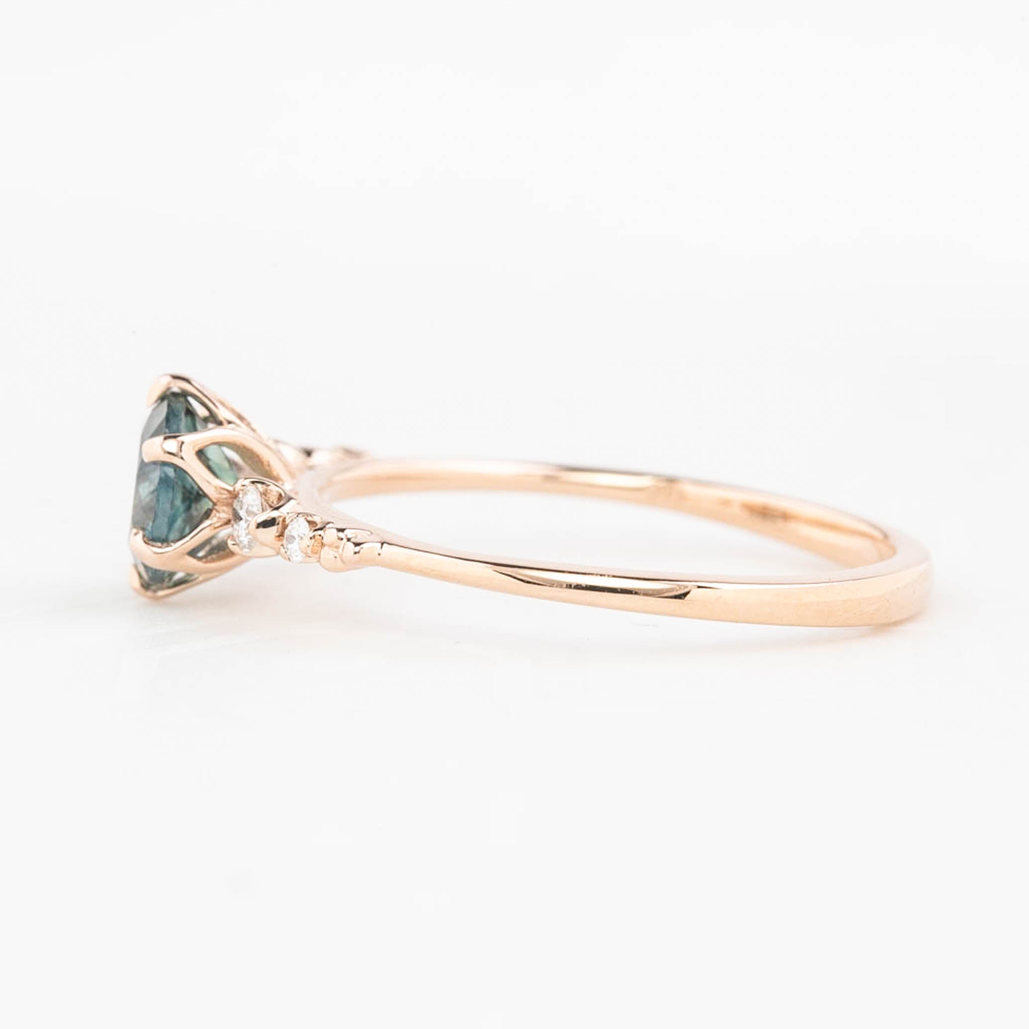 Estel Fleur Six Prongs Ring 1.02ct Blue Green Round Montana Sapphire, 14K Rose Gold (One of a kind)
